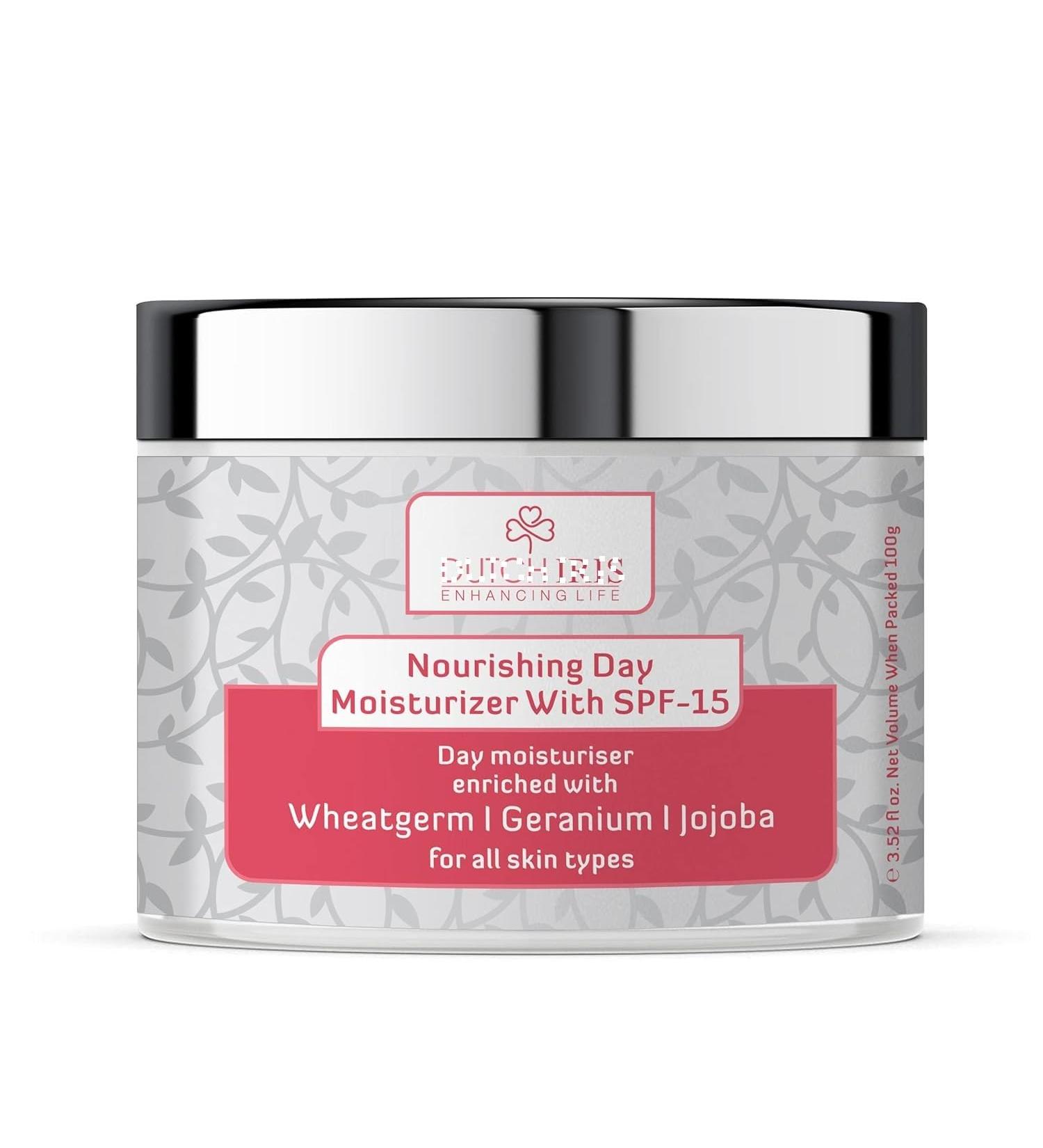 Dut'ch I'ris Nourishing Day Moisturiser with SPF-15 | Wheatgerm Geranium & Jojoba Extracts | Broad Spectrum Protection | For Women & Men (Unisex) | 100gms - Buy Online on GoSupps.com
