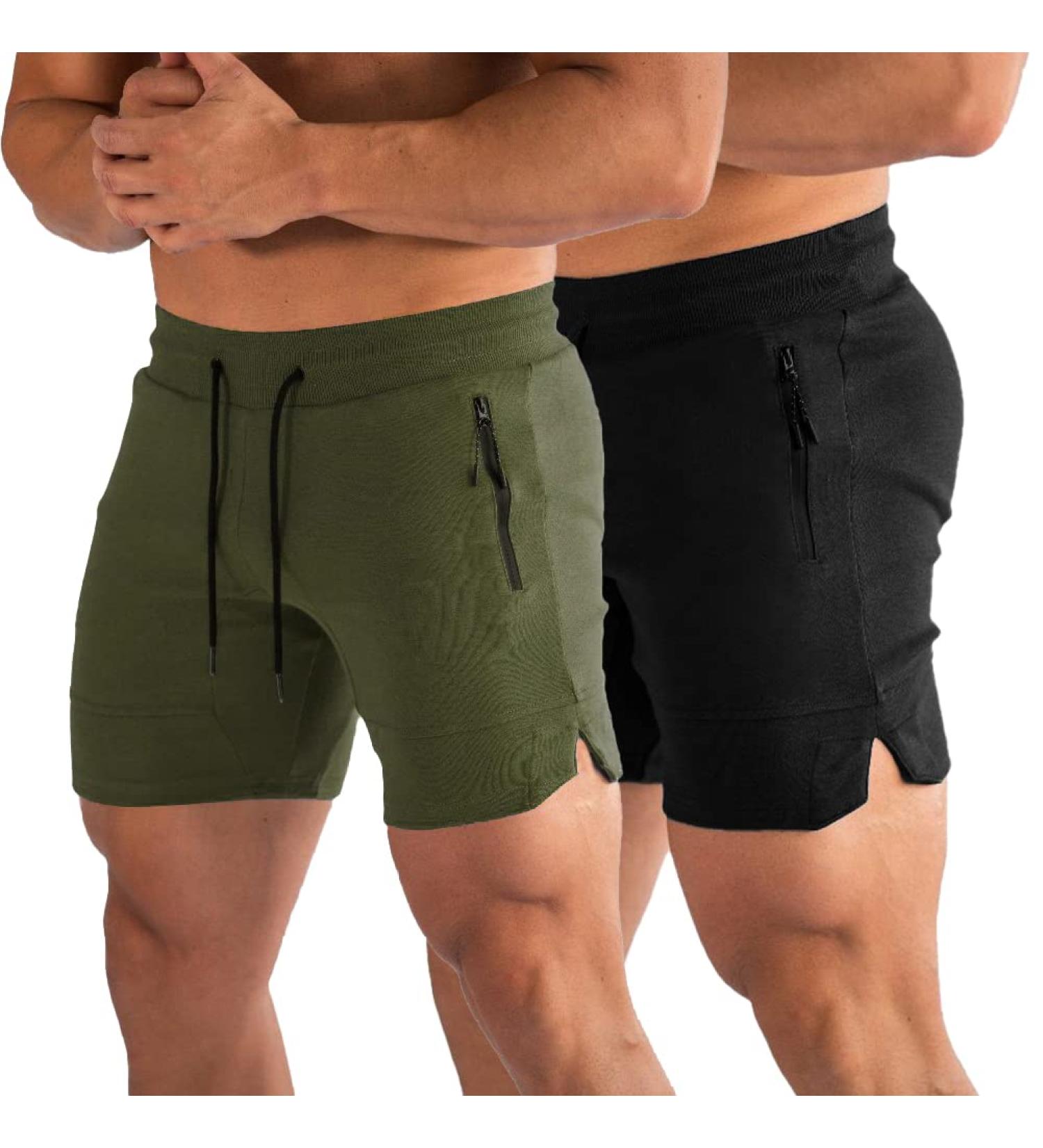 PIDOGYM Men's 5 Gym Workout Shorts - Black+Army Green Large | Zipper Pockets, Fitted Jogging Short Pants for Bodybuilding, Running & Training - Buy Online on GoSupps.com