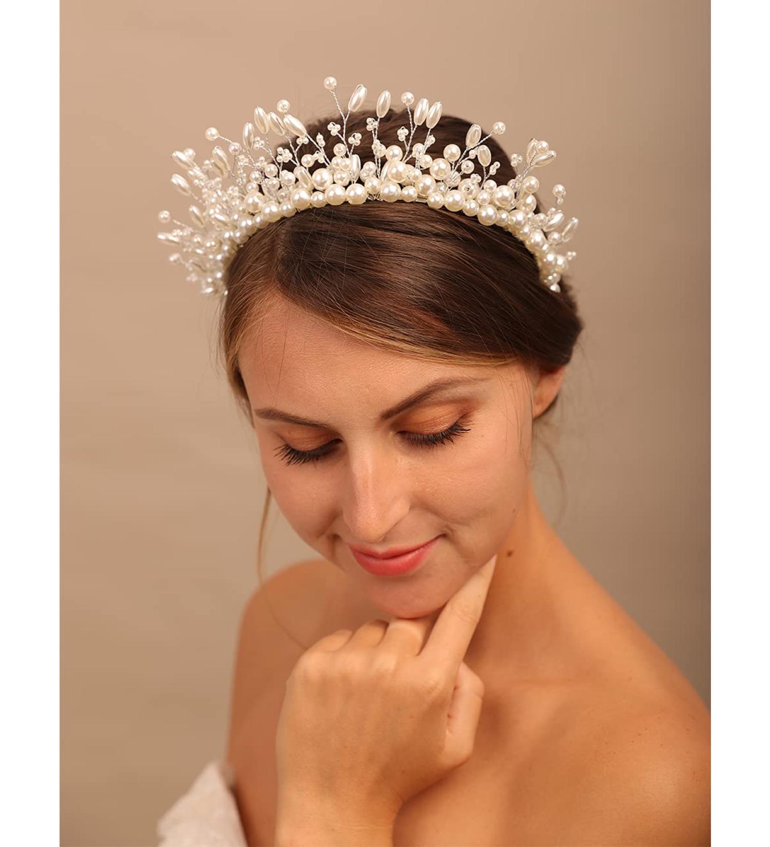 YERTTER Vintage Wedding Pearl Beads Crystal Tiara Hair Crown - Handmade Bride Hair Band for Wedding Prom - White - Buy Online on GoSupps.com