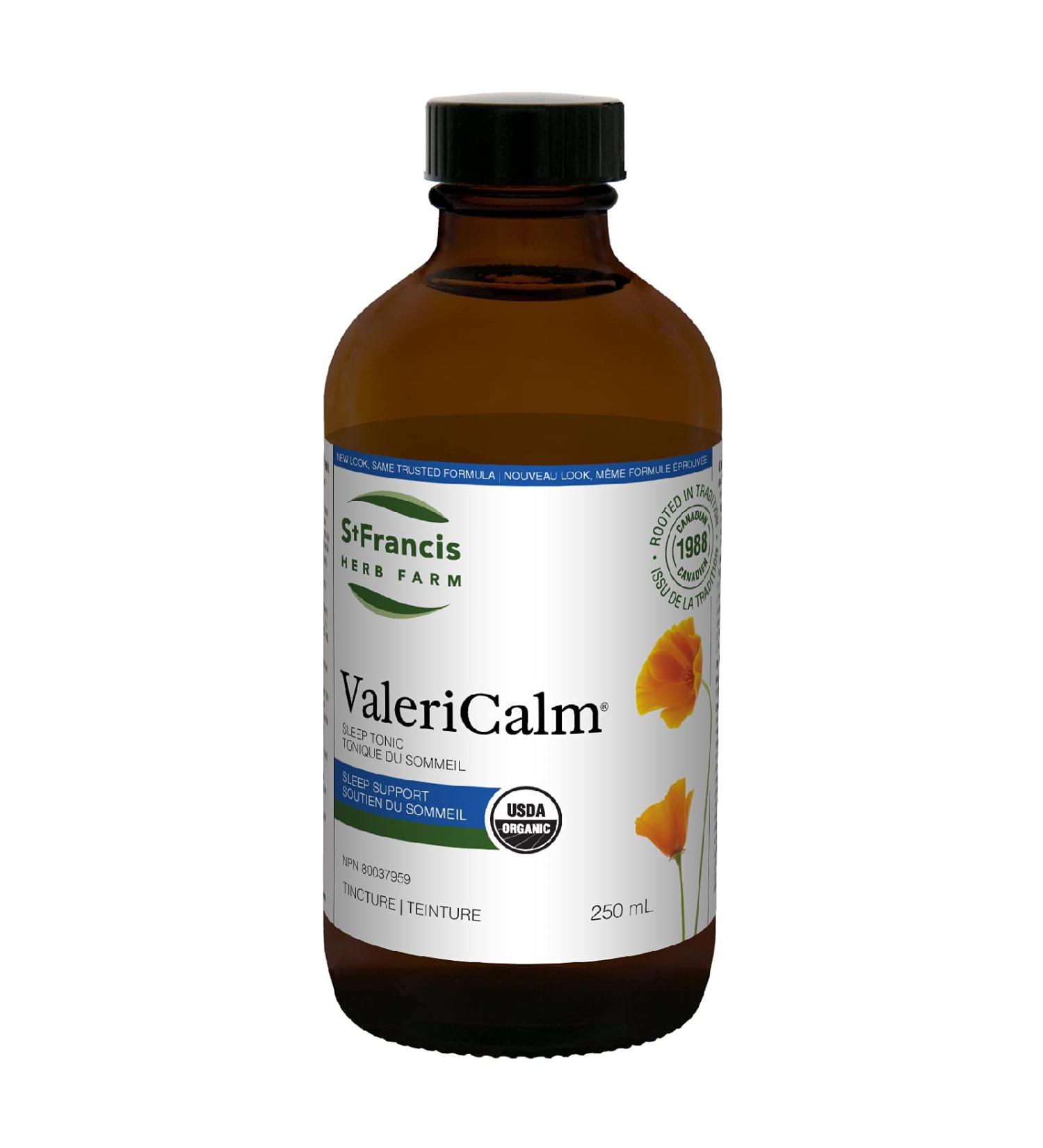 St. Francis Herb Farm Valericalm | Herbal Tincture | Sleep Support Tonic | Helps Relieve Nervousness | Certified Organic | Passion Flower | California Poppy | Chamomile | 250 mL 250 ml (Pack of 1) - Buy Online on GoSupps.com