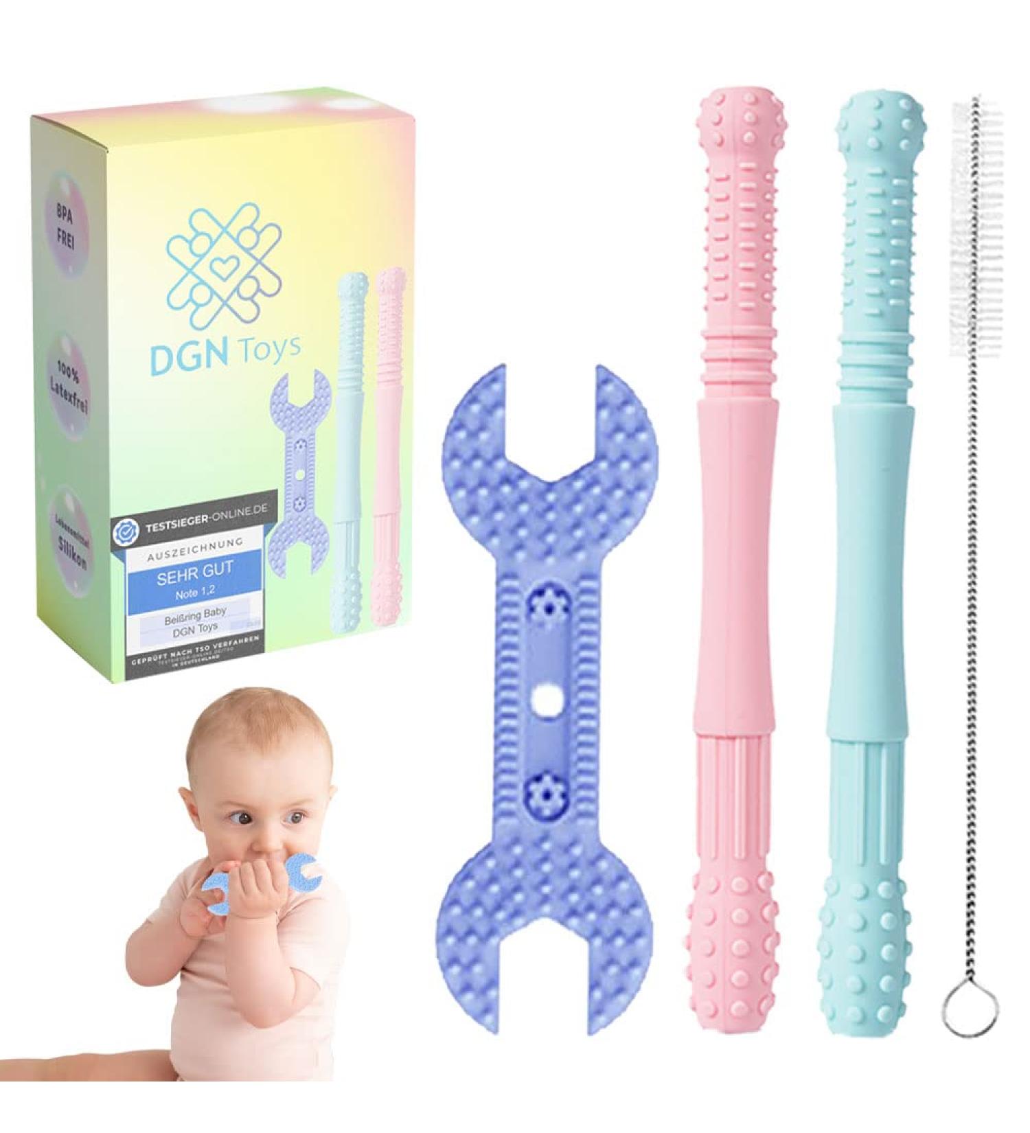 Bite Tube Baby Set - 4 Food-Grade Silicone BPA-Free Teething Tubes with Cleaning Brush | Hohle Bite Tubes for Babies | Safe & Soothing Bite Rings - Buy Online on GoSupps.com