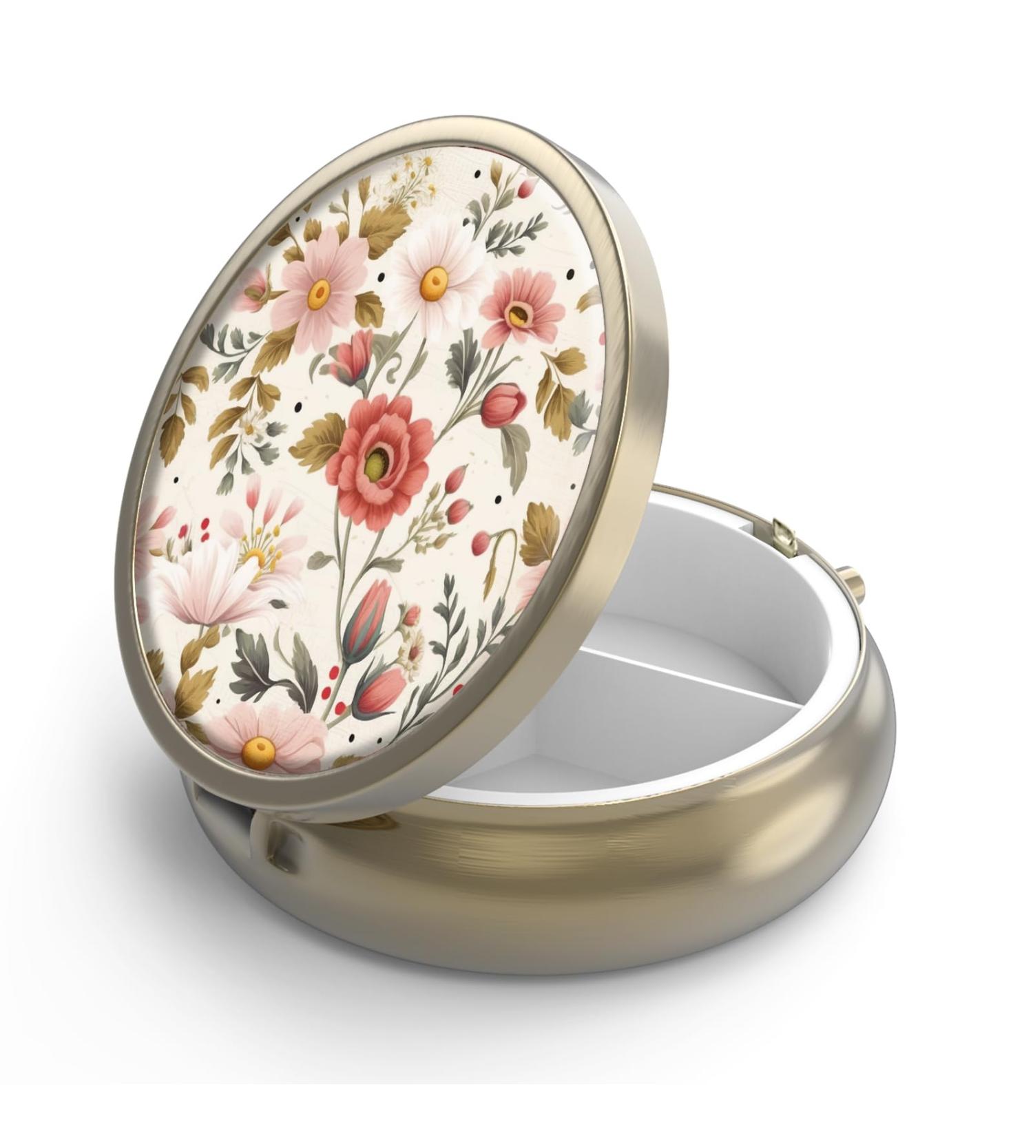 Buy Retro Pill Can Box with Mirror - 3 Compartment Round Container for Vitamins Fish Oil & Supplements | Y-2-Retro Red Flowers - Buy Online on GoSupps.com