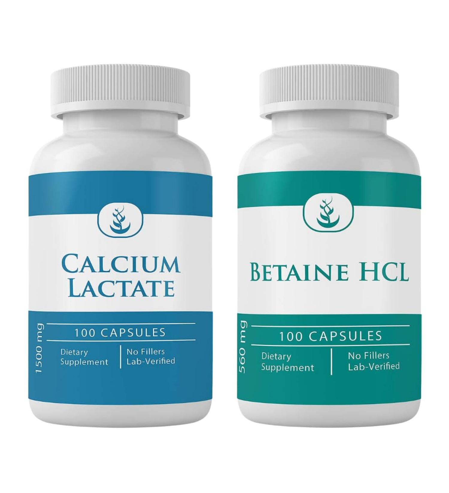 Pure Calcium Lactate & Betaine HCL Bundle - 100 Capsules Each - Buy Online on GoSupps.com