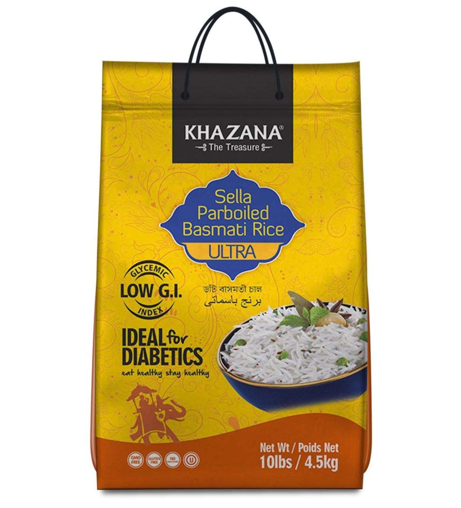 Khazana Premium Ultra Long Parboiled Basmati Rice - 10lb Ziploc Bag | Non-GMO, Gluten-Free, Kosher, Cholesterol-Free | Aged Aromatic Grain From India - 10 Pounds - Buy Online on GoSupps.com