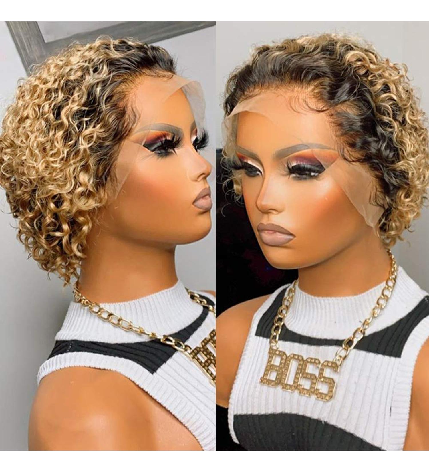 Derun Ombre Short Curly Bob Pixie Cut 13x6 Lace Front Wig 8 Inch 1B/27 Remy Human Hair with Baby Hair - Women's Wig - Buy Online on GoSupps.com