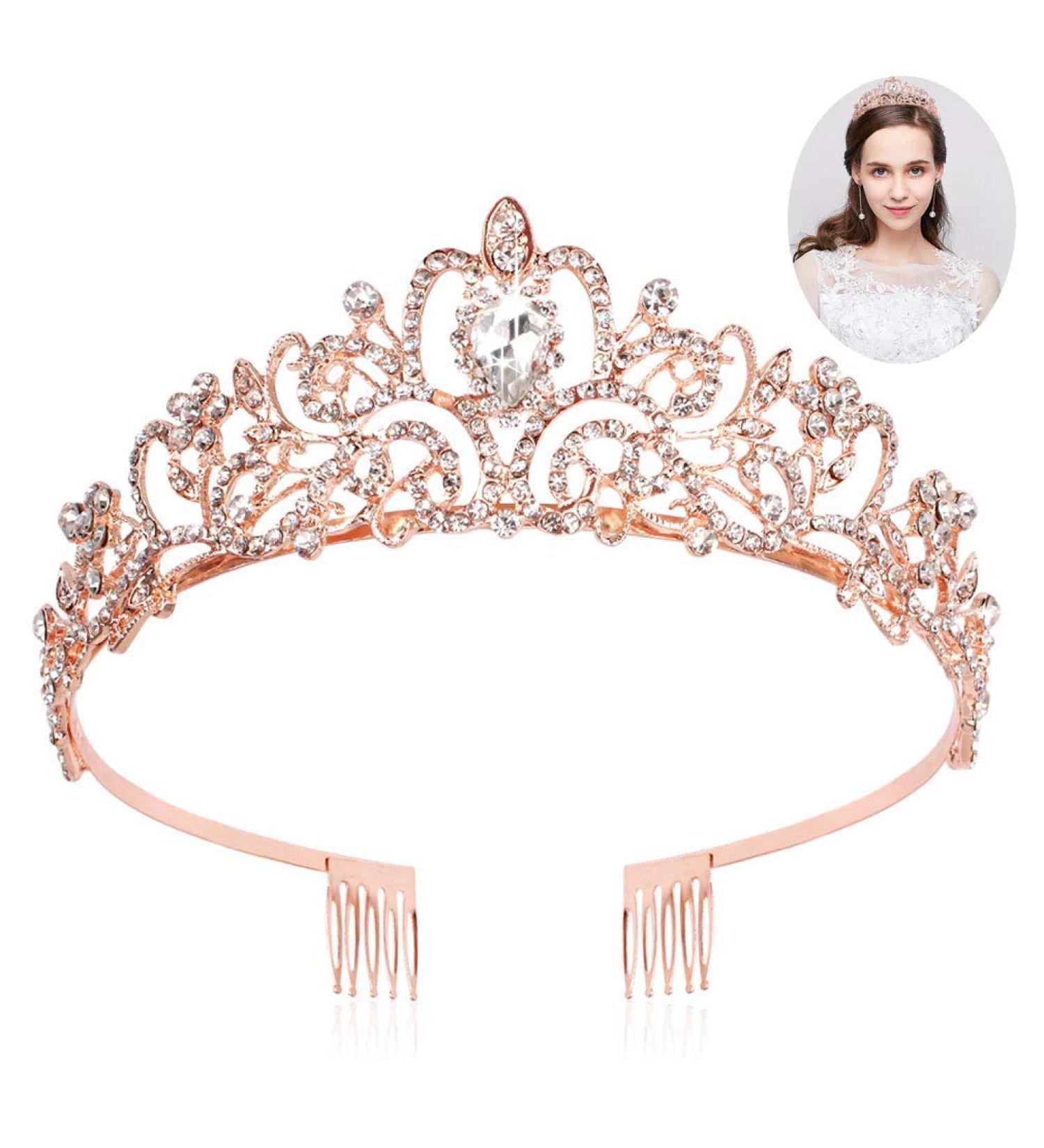 Araluky Rose Gold Tiara for Women & Girls - Jeweled Princess Crown for Wedding, Prom, Birthday - Rhinestone Hair Accessories - Buy Online on GoSupps.com