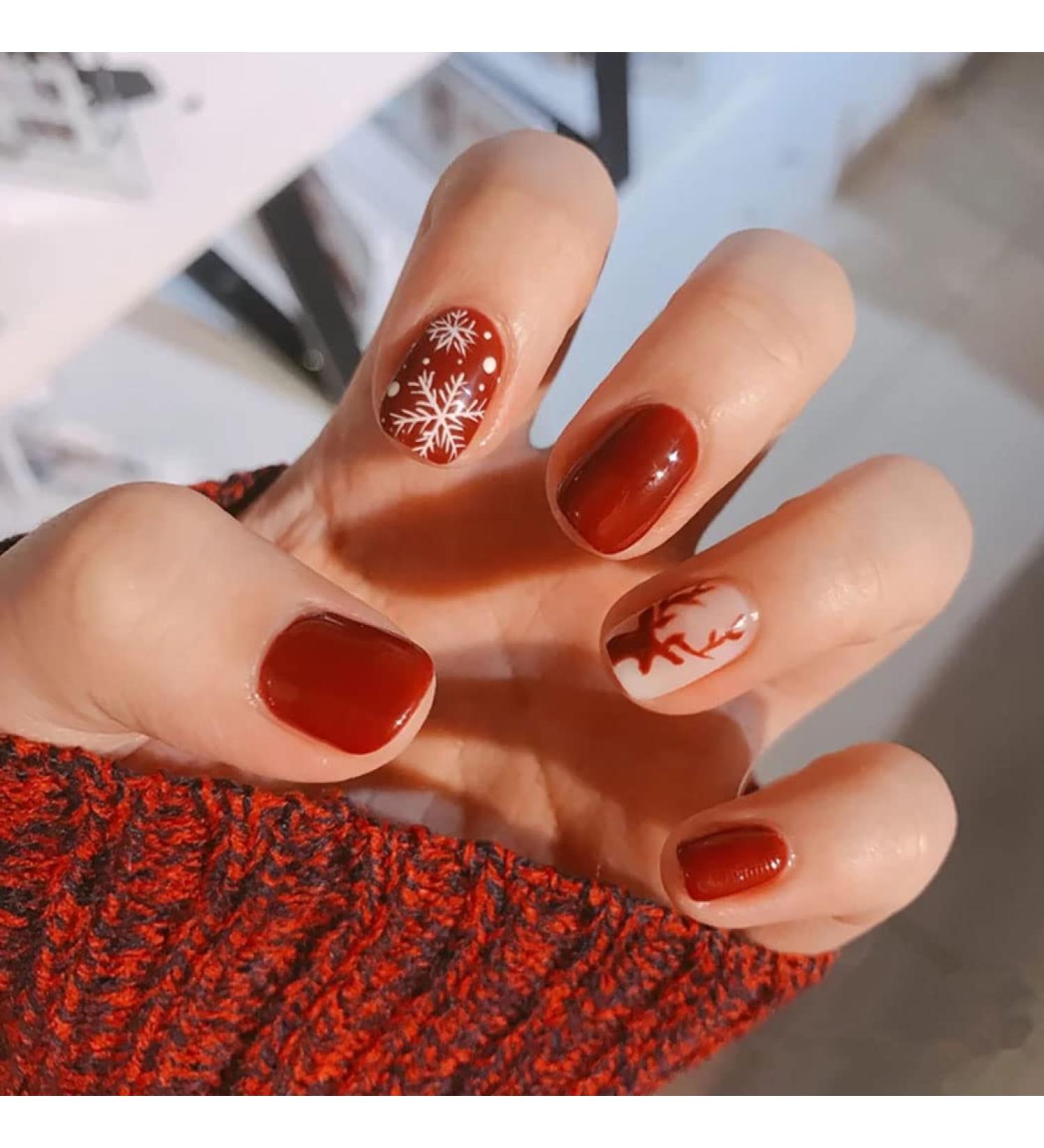 Vatocu Christmas Red False Nails - Snowflake, Elk, Snowman Design | Short Press on Acrylic Stick on Nails for Women (24pcs) - Buy Online on GoSupps.com