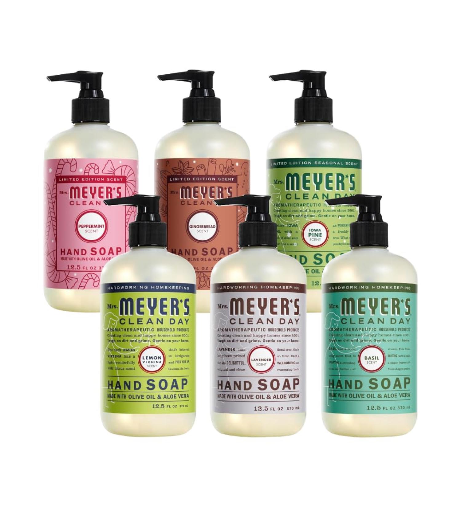 Mrs. MEYER'S Clean Day Liquid Hand Soap 6 Pack Variety Gingerbread Iowa Pine Peppermint Lavender Lemon Verbena Basil 12.5 OZ Each 1 CT 12.5 Fl Oz (Pack of 6) - Buy Online on GoSupps.com