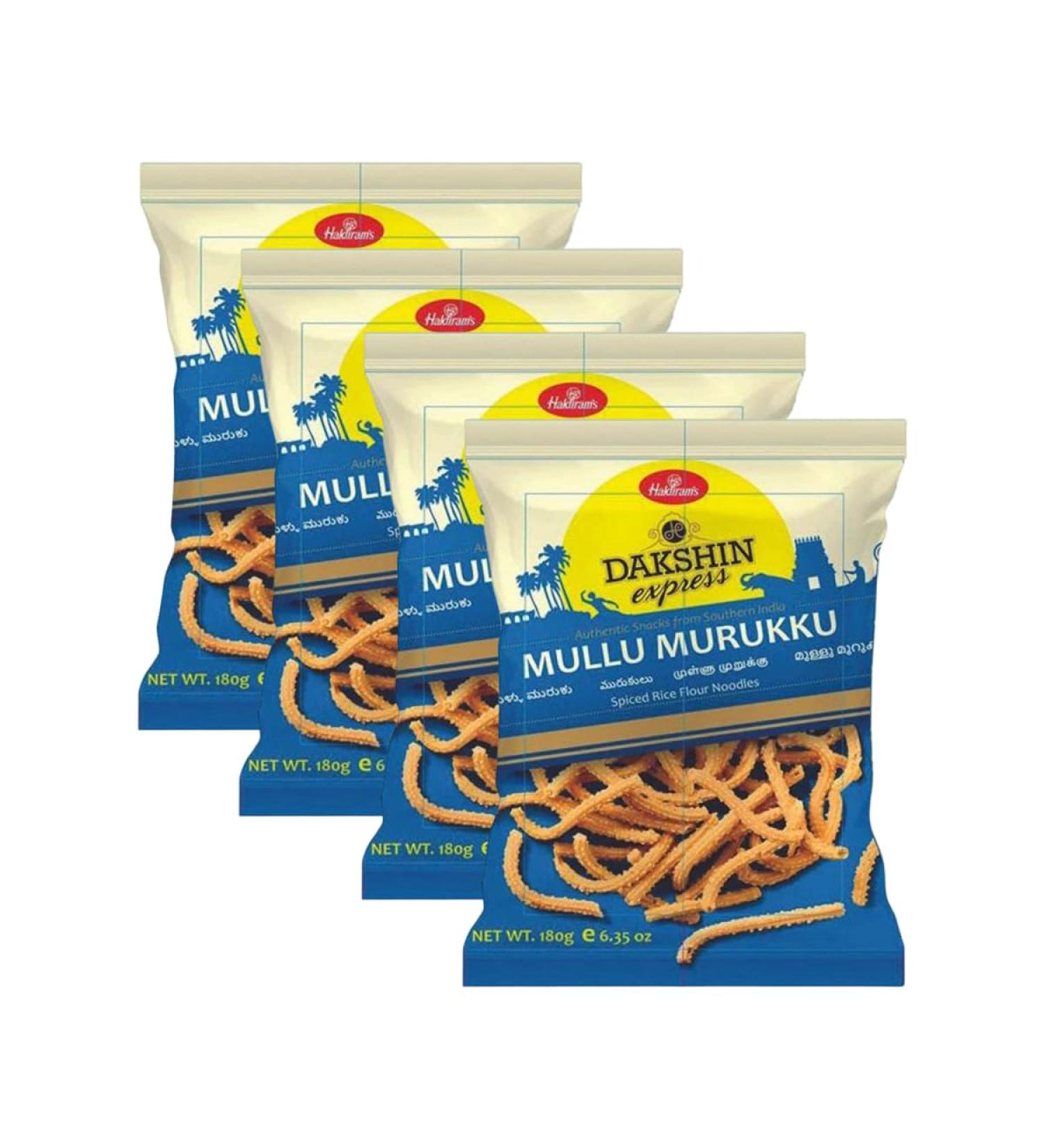 Haldiram s Savory Snacks Easy to Carry Anywhere Crispy Crunchy & Spicy Delicious Indian Namkeen Snacks Made With Authentic Taste Enjoy At Tea Time (Daksin Express Mullu Muruku Pack of 4)