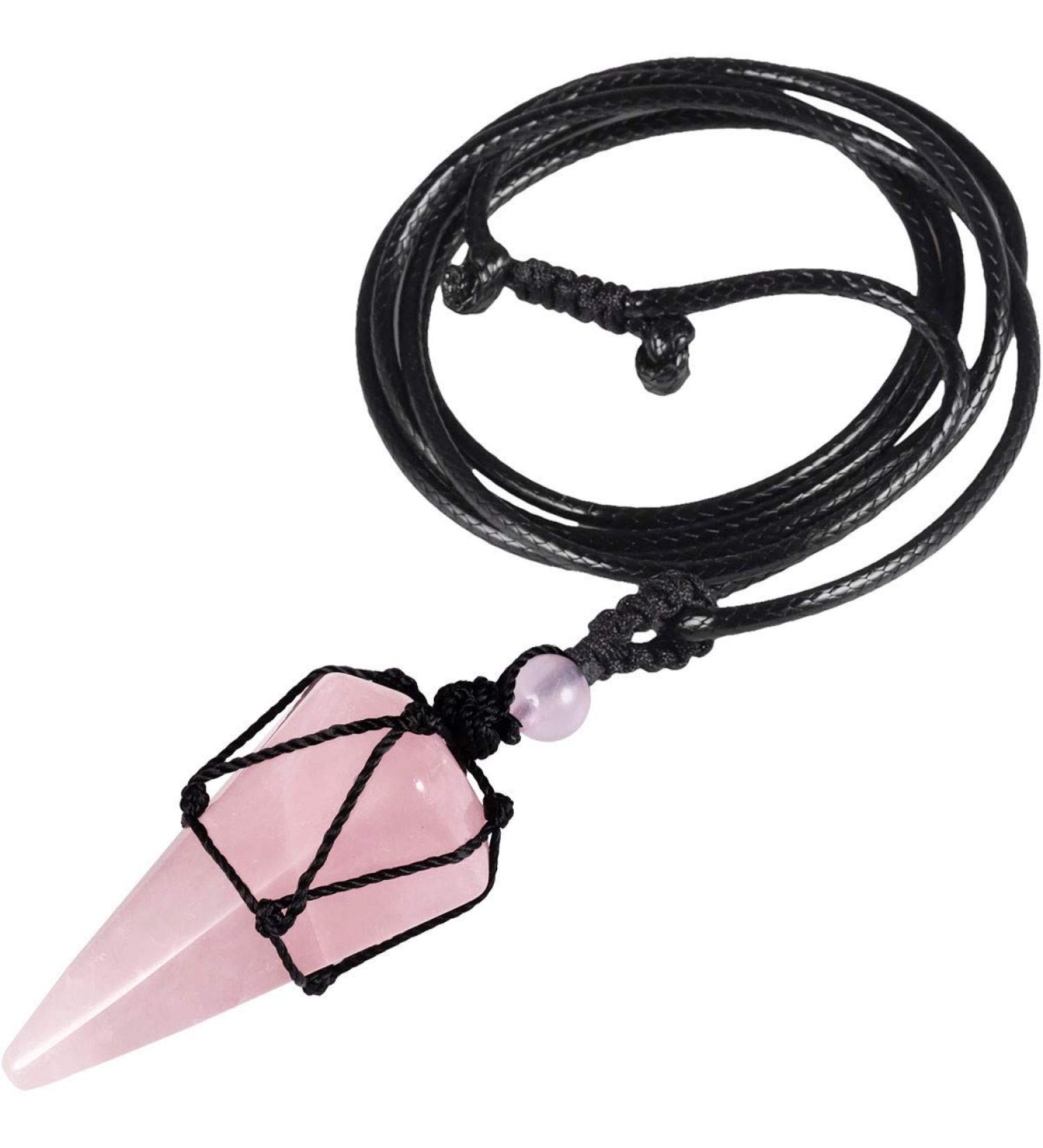 Kyeygwo Hexagonal Cereal Pendant Necklace | Adjustable Leather Rope | Pink Quartz Healing Reiki Pendulum Jewelry - Buy Online on GoSupps.com