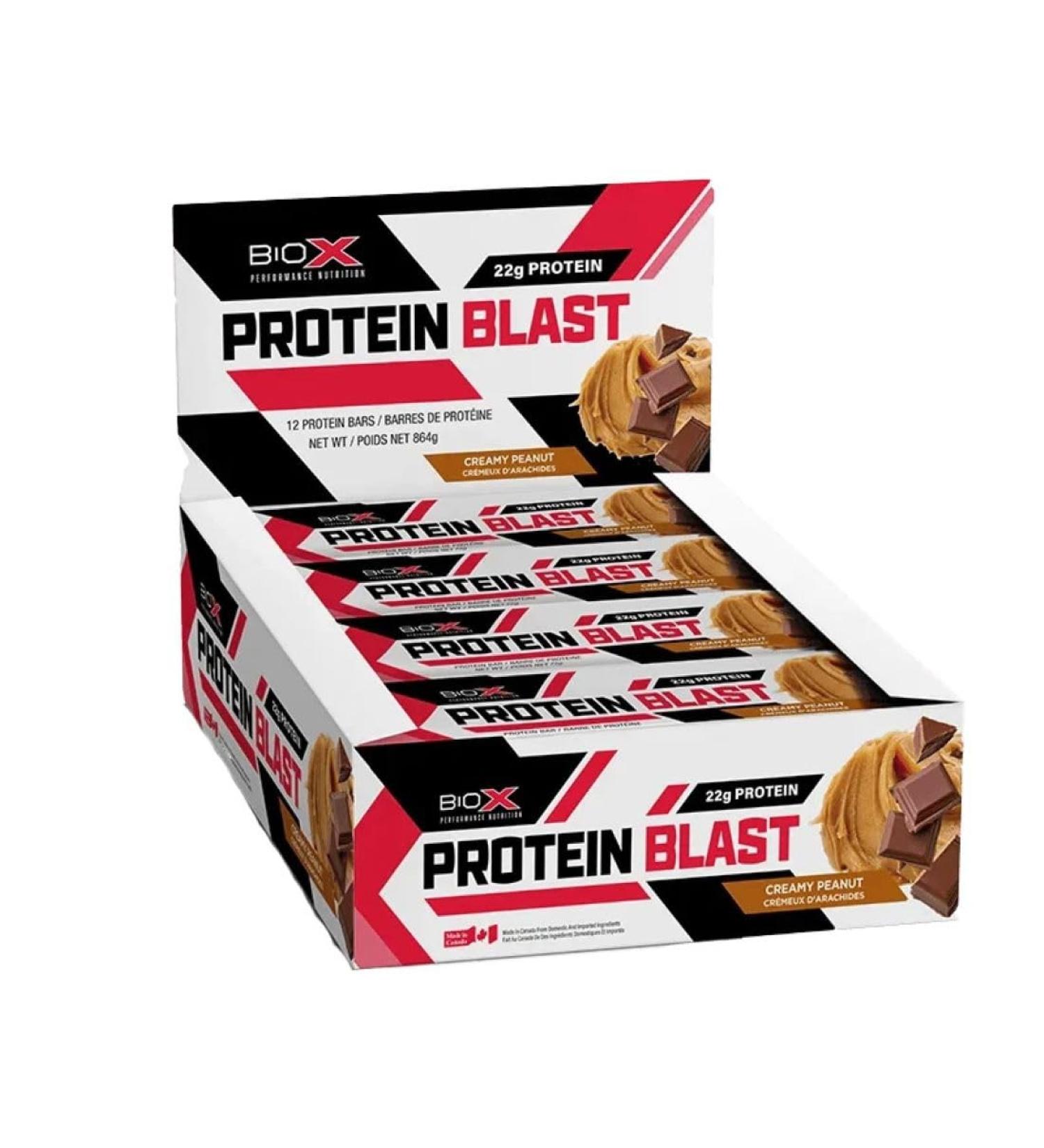 BioX Protein Blast Protein Bars | Protein Bar with Candy Bar Taste | 22g Protein Low Sugar | All Natural Protein Bar Ingredients | Box of 12 Bars (Creamy Peanut Fudge) - Buy Online on GoSupps.com
