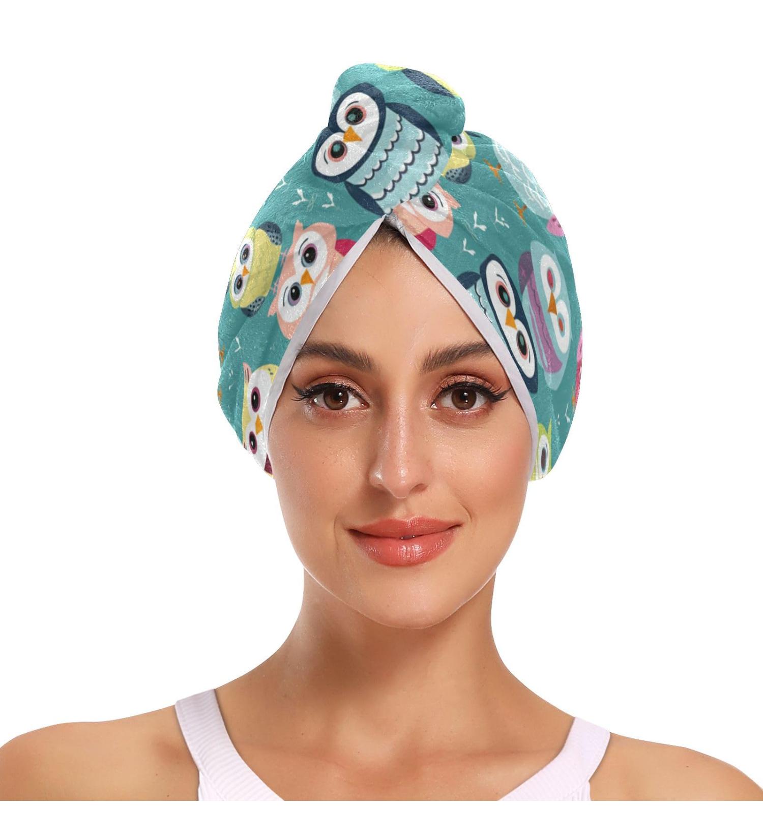 Cartoon Owl Hair Towel 2 Pack - Super Absorbent Quick Dry Hair Turbans for Women & Girls - Buy Online on GoSupps.com