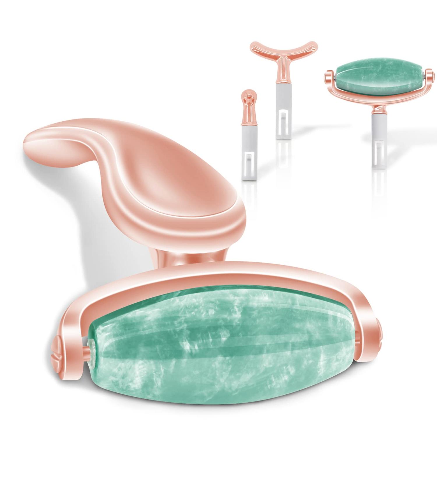 Jade Facial Roller - Real Jade Massager with 3 Interchangeable Heads for Skin Care | Reduce Puffiness & Rejuvenate Skin | Green Jade & Rose Gold Handle - Buy Online on GoSupps.com