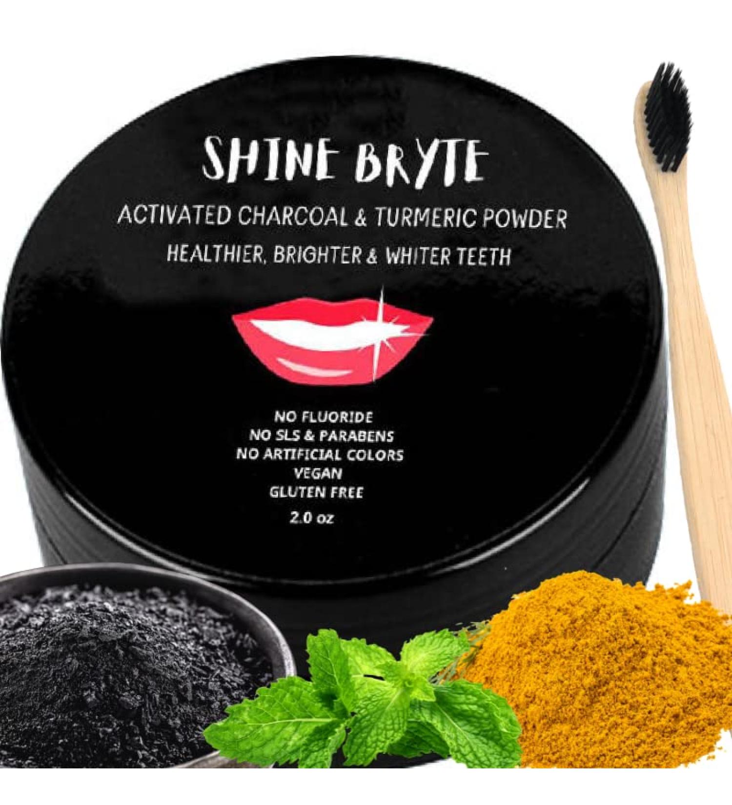 Activated Charcoal & Turmeric Teeth Whitening Powder - Mint Flavor w/Free Bamboo Toothbrush | Decrease Inflammation, Brighter & Whiter Teeth (2.0 oz) - Buy Online on GoSupps.com
