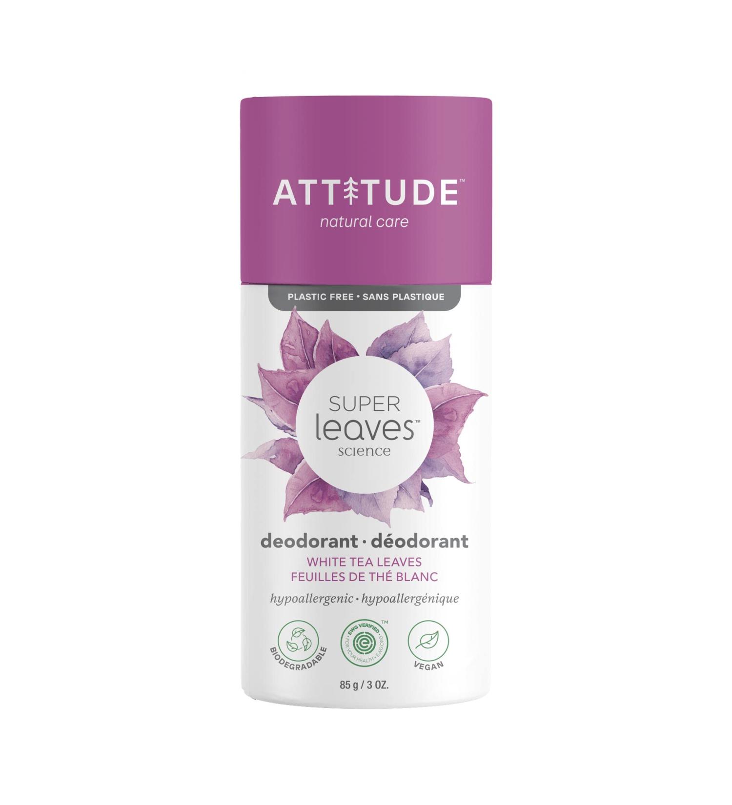 ATTITUDE Deodorant - Vegan & Cruelty-Free, Plastic-Free, Plant-Based, White Tea Leaves - 3oz - Buy Online on GoSupps.com