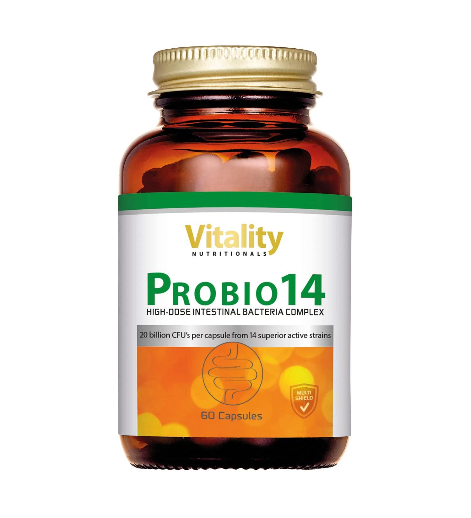 Probio 14: Daily Probiotic with 14 Bacterial Strains | 60 Vegetarian Capsules for Intestinal Health | 212 mg Active Cultures & 200 mg FOS - Vitality Nutritionals by VitaminExpress - Buy Online on GoSupps.com