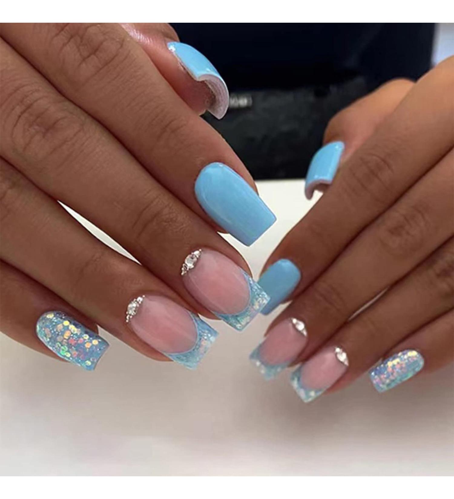 24pcs French False Nails Short - Almond Square Press on Nails - Blue Full Cover Acrylic Nails with Glue for Women and Girls - Buy Online on GoSupps.com