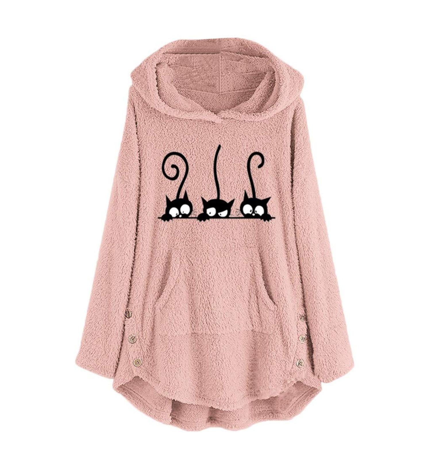 Forthery Women's Fuzzy Cat Hoodie Pullover - Baggy Sweater Sweatshirt in Large Pink - Buy Online on GoSupps.com