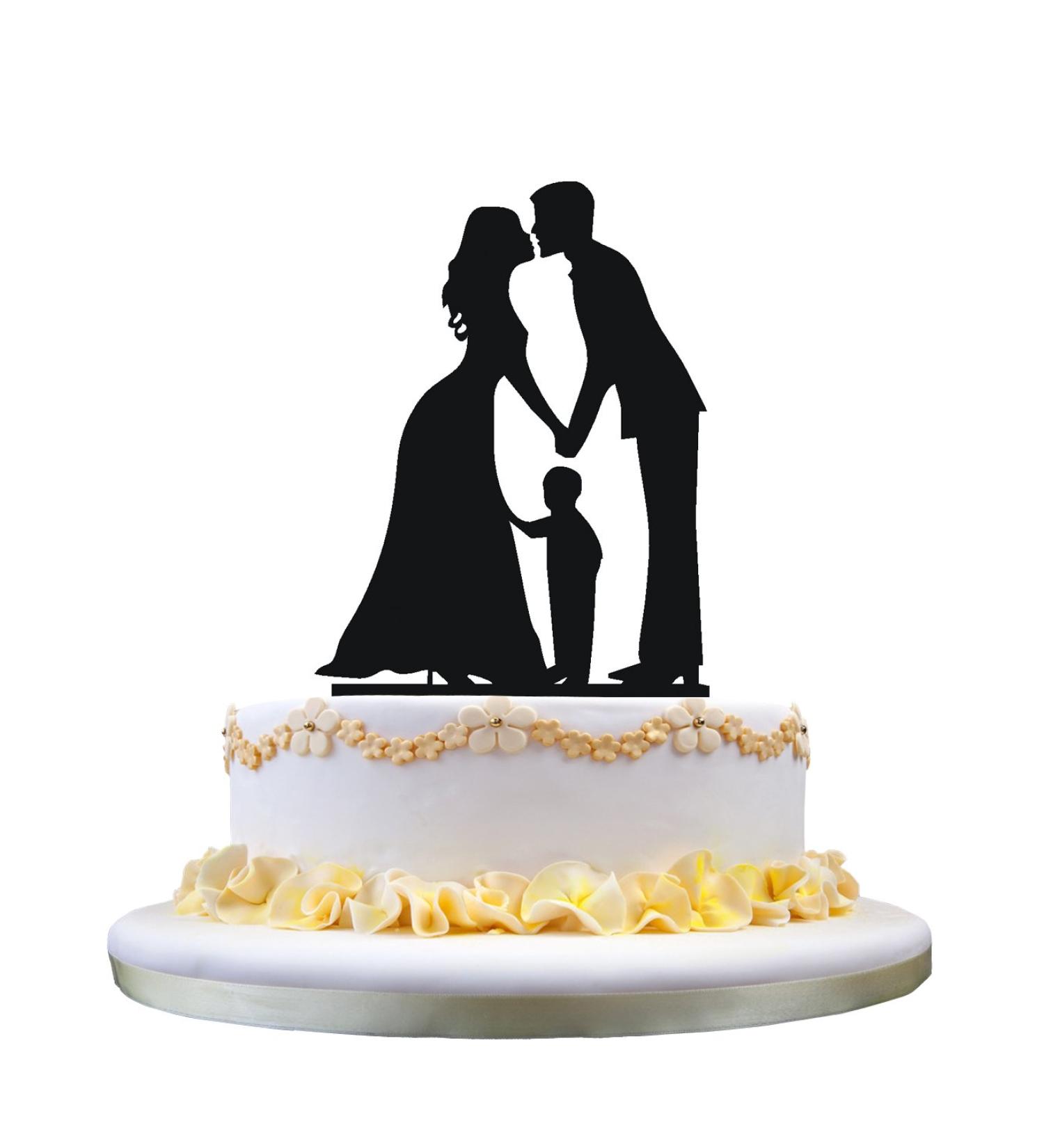 Family Cake Topper Silhouette Groom and Bride with Little Boy Wedding Cake Topper