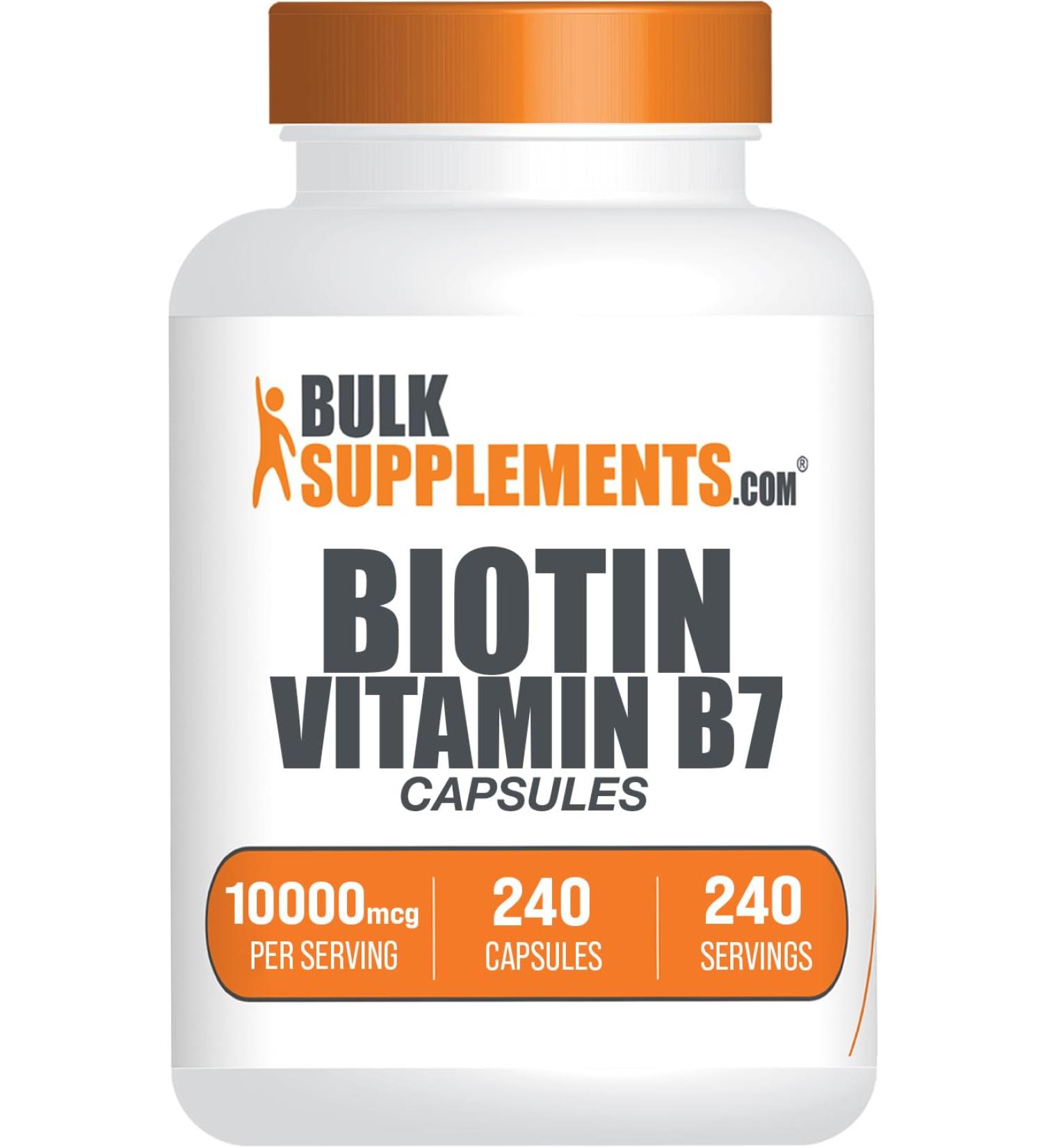 BulkSupplements.com Biotin 10000mcg Capsules - Biotin Supplement Biotin Vitamins for Hair Skin and Nails Vitamin B7 - Gluten Free 1 Capsule per Serving 240 Capsules (Pack of 1) - Buy Online on GoSupps.com