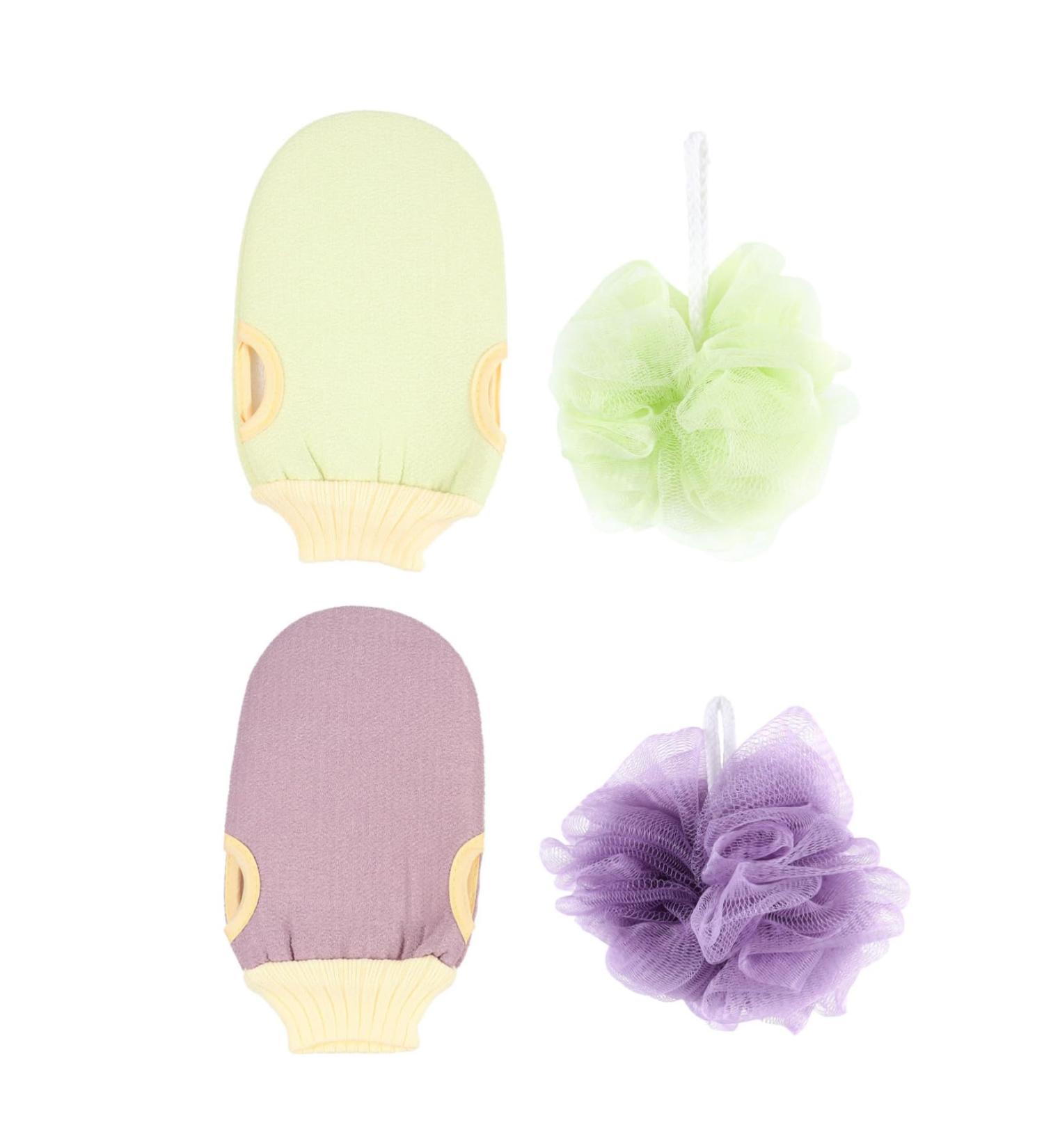 4pcs Exfoliating Bath Ball Gloves & Loofah - Green Shower Scrubbers for Body & Foot Care - Buy Online on GoSupps.com