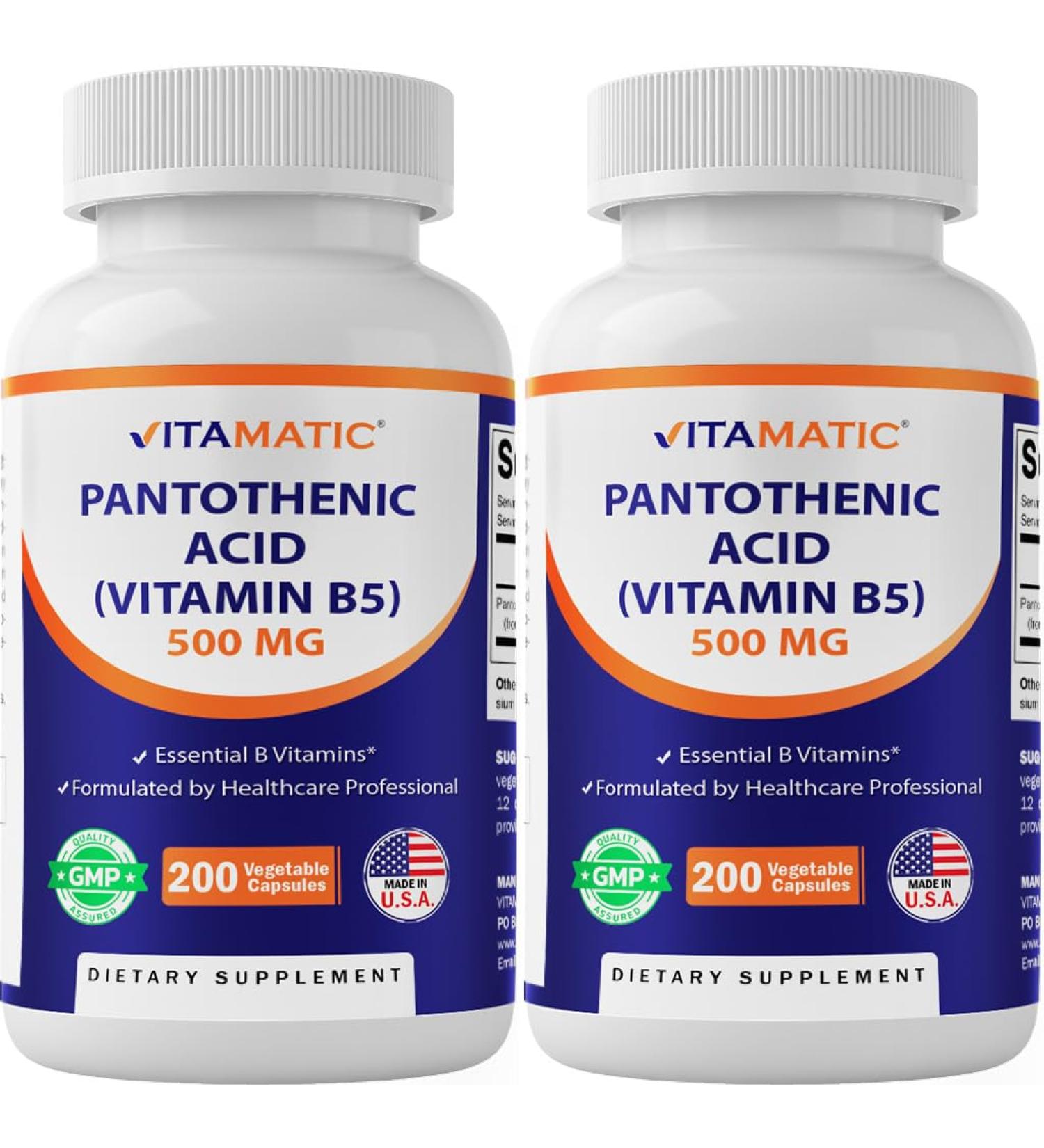 Vitamatic Pantothenic Acid (Vitamin B5) 500 mg- 200 Capsules - 2 Pack - Buy Online on GoSupps.com