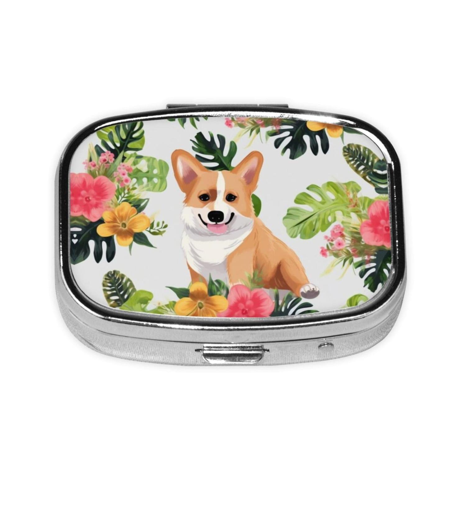 Shop Tropical Flower & Corgi Pill Case | Cute 2-Compartment Travel Organizer - Ideal for Pocket Gifts - Buy Online on GoSupps.com