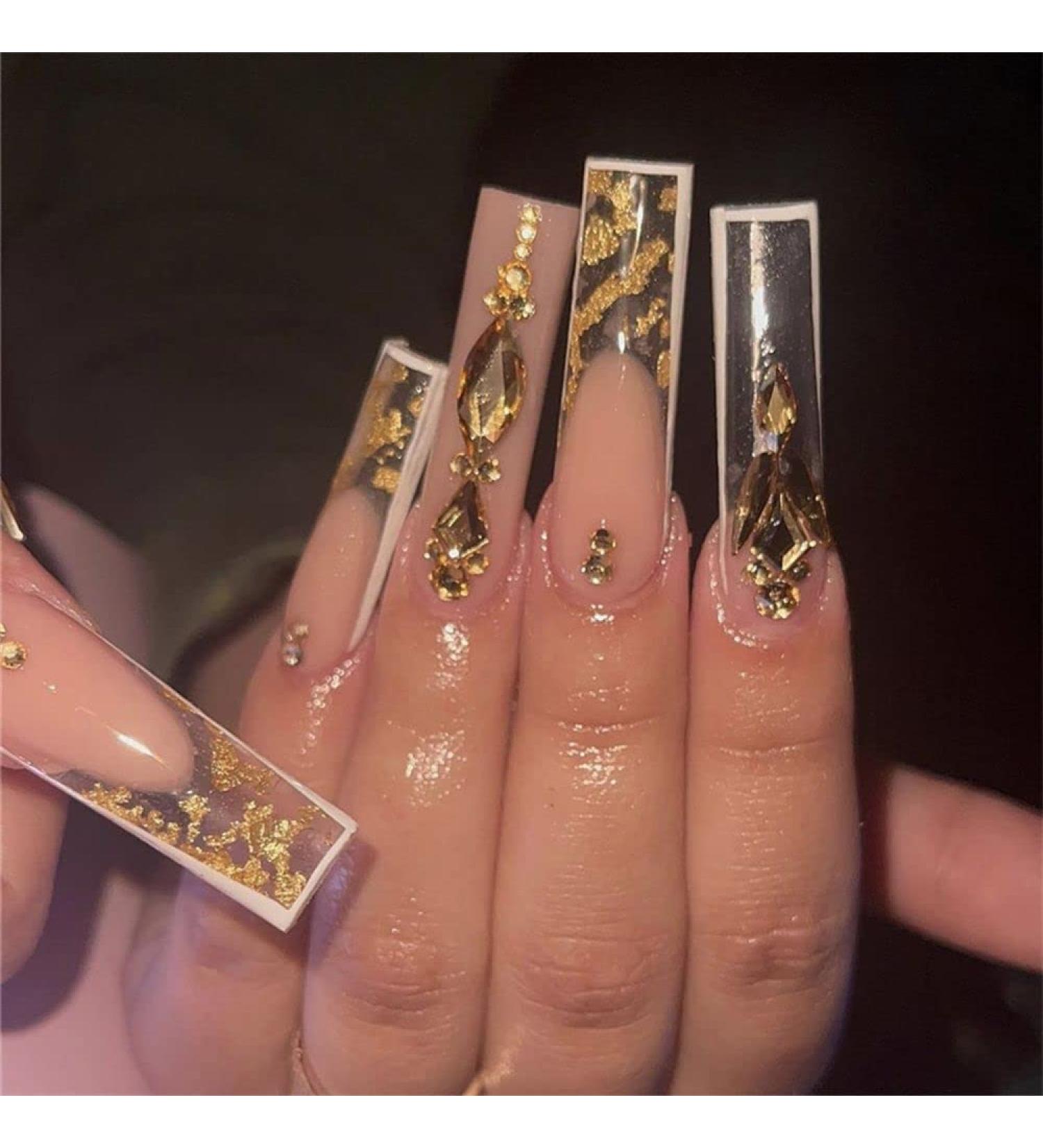 24Pcs Coffin White and Green Tower Diamond False Nails Rhinestone Ballerina Fake Nails Full Cover Nail Tips Press On Nails Green white