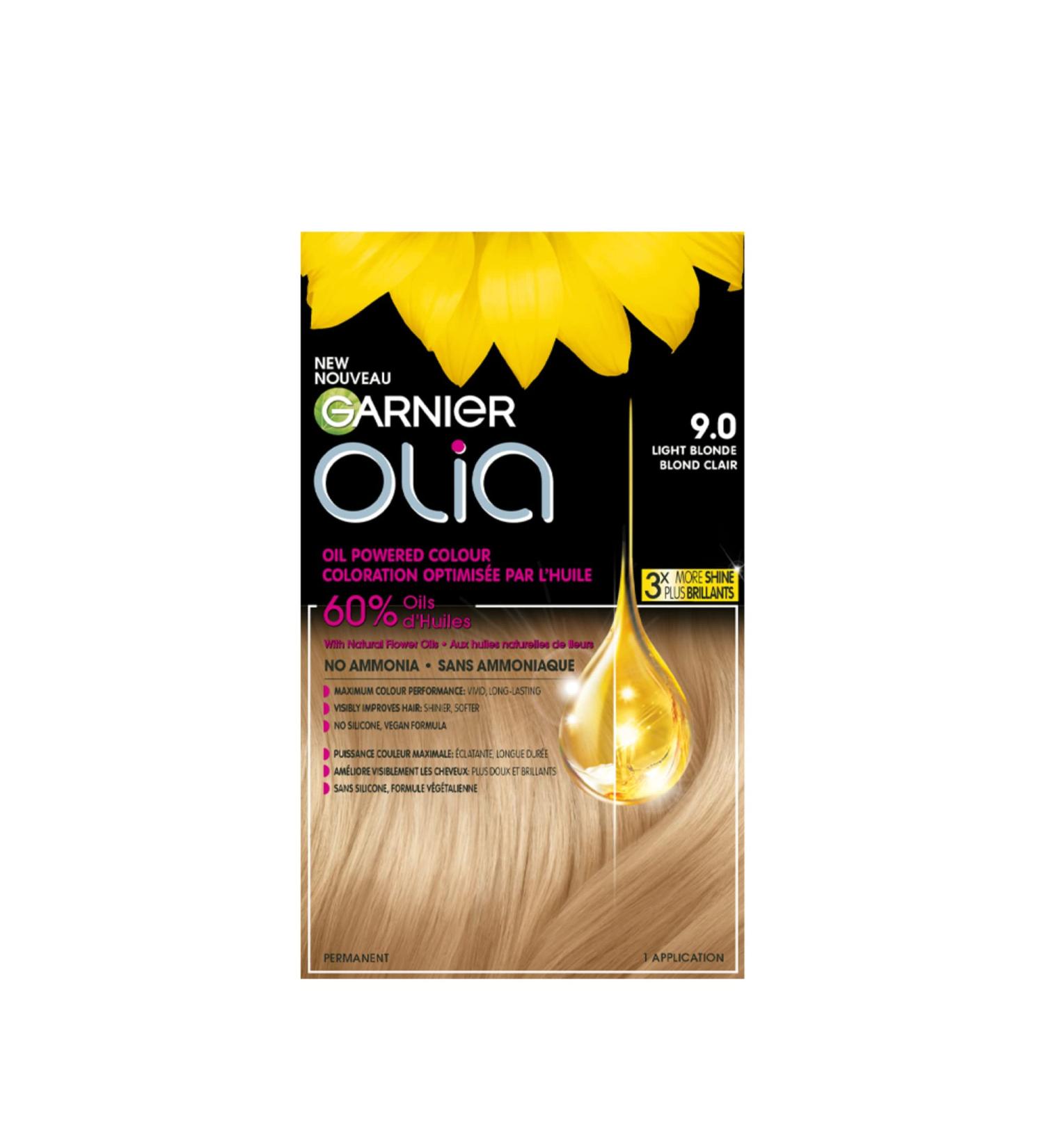 Garnier Olia Permanent Hair Dye Ammonia-Free Hair Color 9.0 Light Blonde Long-Lasting Hair Shine With 60% Oils 1 Application LIGHT / BLONDE SHADES 9.0 Light Blonde - Buy Online on GoSupps.com