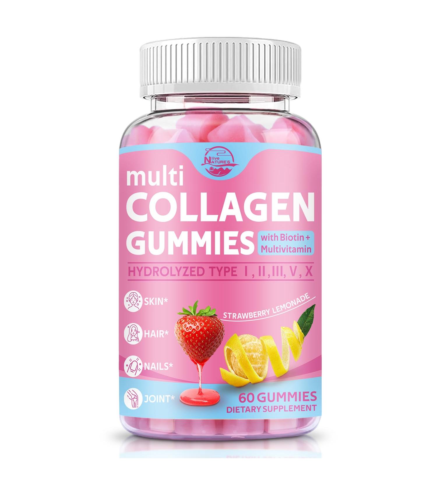 Multi Collagen Peptides Gummies Type I II III V X - Hydrolyzed Collagen Peptides with Biotin Hyaluronic Acid Supports Healthy Skin Strong Nails & Thick Hair 60 Count 1 Pack Strawberry 60 Count (Pack of 1) - Buy Online on GoSupps.com
