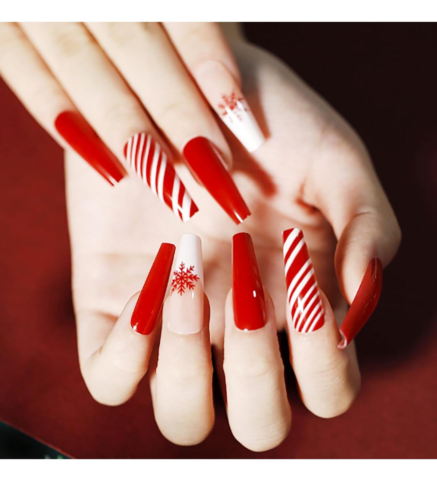 Brishow Christmas Press-On Nails - 24 Red Artificial Long Snow Nails for Women & Girls | Festive Holiday Nail Art - Buy Online on GoSupps.com