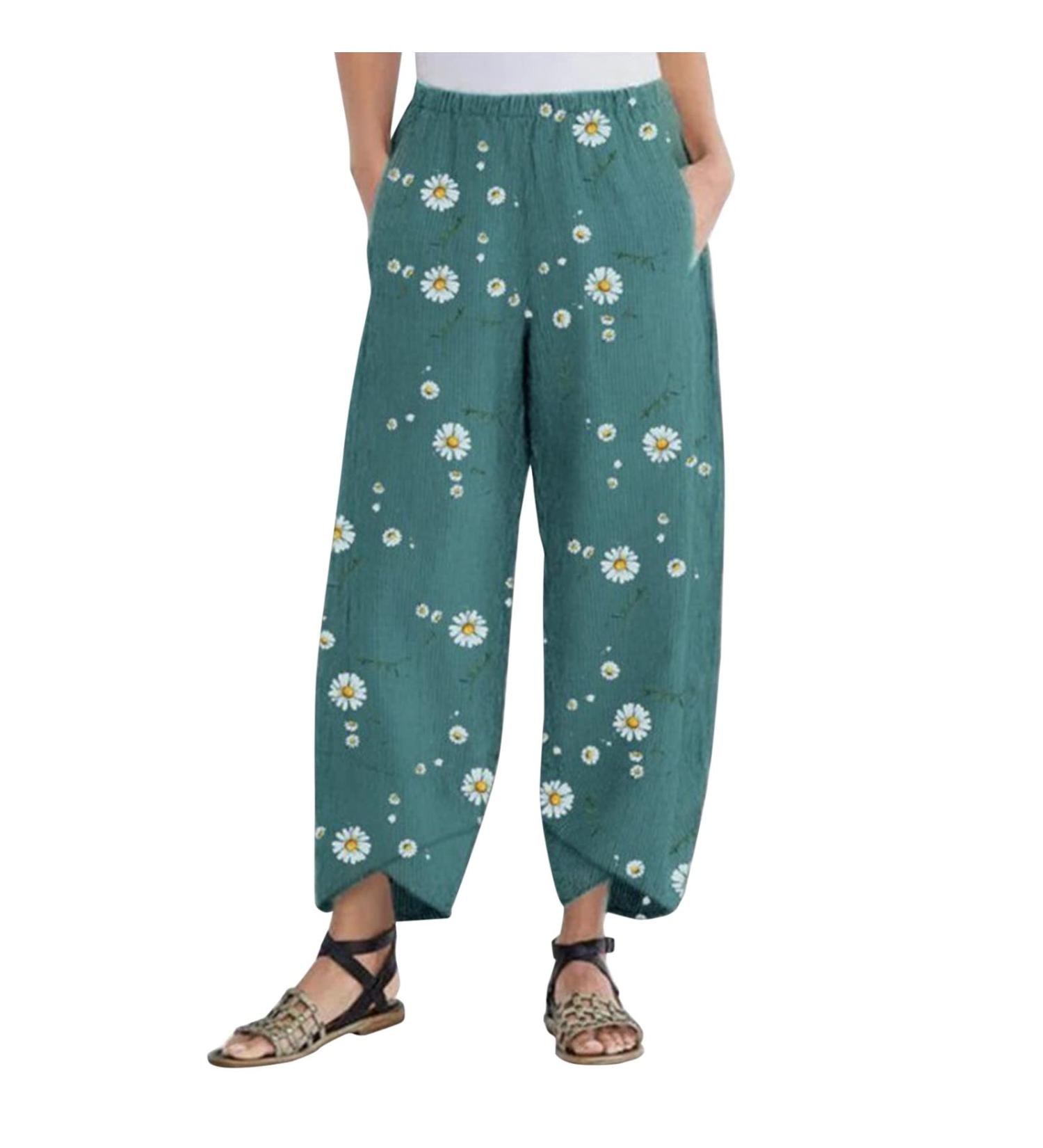 YOUMETO Women's Green Linen Cotton Cropped Pants - XXL | High Waist Casual Summer Capris - Buy Online on GoSupps.com