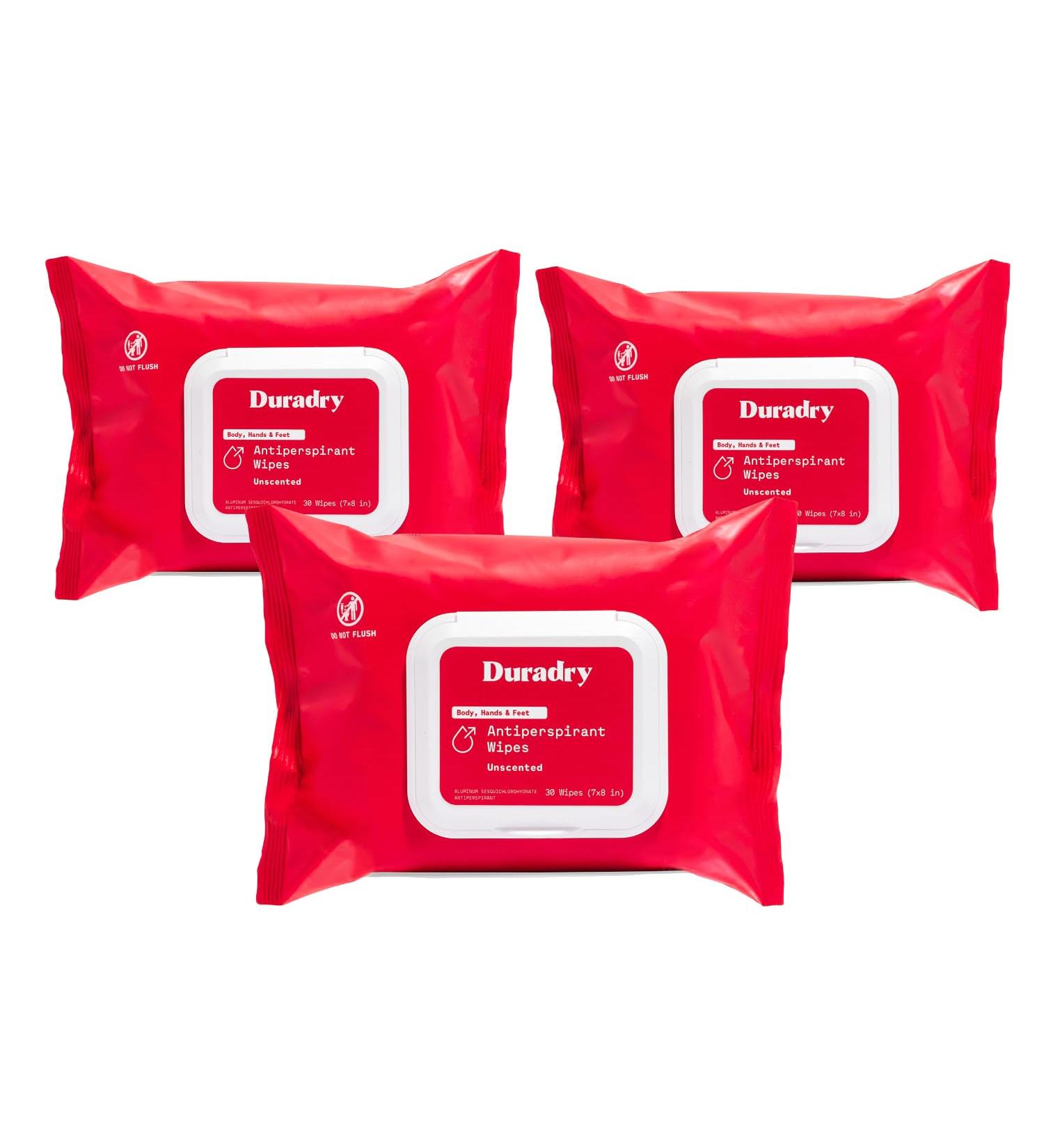 Duradry Antiperspirant Body Wipes for Men & Women - Anti-Sweat Wipes for Hands and Feet Neutralizes Odor and Excessive Sweating Quick-Drying and Travel-Friendly - Unscented Pack of 3 Unscented 30 Count (Pack of 3) - Buy Online on GoSupps.com