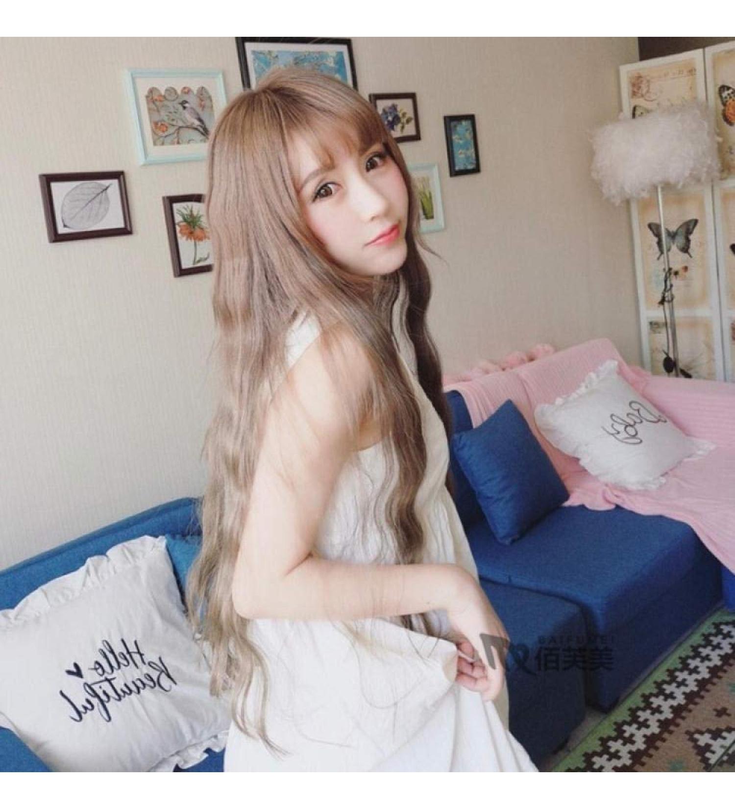 Spot Korea Women's Long Curly Hair Wig with Thin Bangs - Stylish Ash Linen Headgear for International Shipping - Buy Online on GoSupps.com