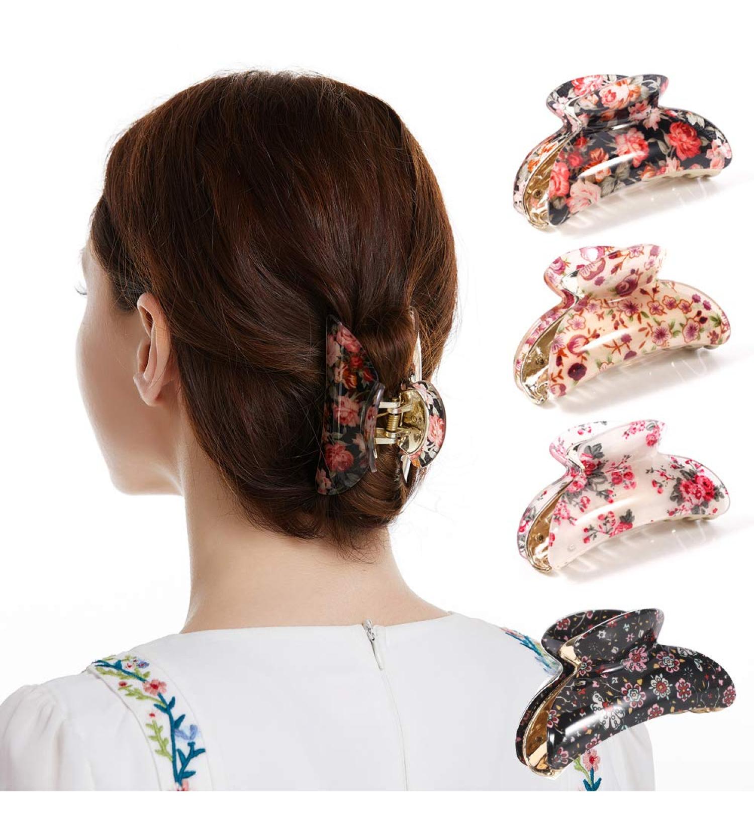 Medium Tortoise Shell Hair Claw Clips Set for Women Girls - 4 Pack | Strong Grip Teeth Clamps for Thick/Thin Hair | Cute Floral Print Nonslip Acrylic Design - Buy Online on GoSupps.com