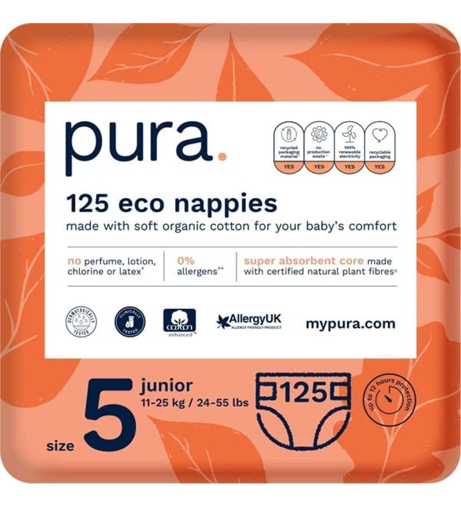 Pura Eco-Diapers Size 5 (11-25 kg) - 125 Organic Cotton Diapers EU Ecolabel Certified Odorless & 12 Hours Protection for Sensitive Skin - Monthly Box - Buy Online on GoSupps.com