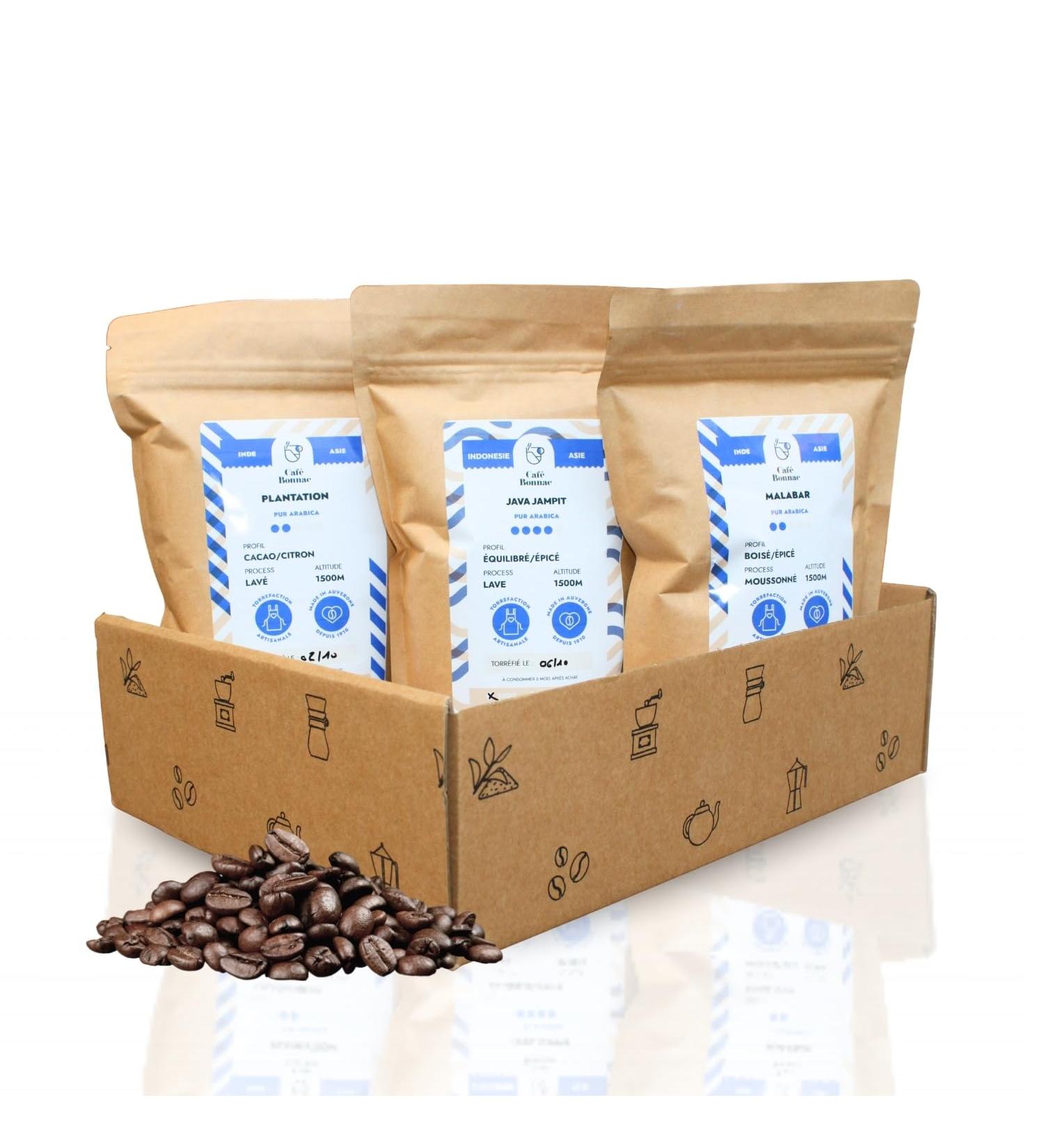 Caf Bonnac Coffret D couverte Caf s d Asie Caf en Grain 3x250g 100% Arabica Inde Malabar Inde Plantation & Indon sie Java Torr faction Artisanale Fran aise Id e Cadeau - Buy Online on GoSupps.com
