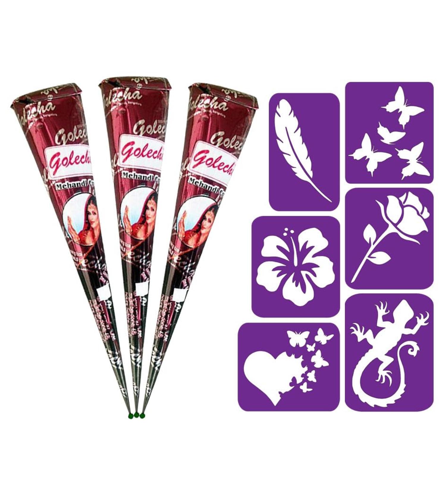 Buy HANUMAN STORE 3x 30g Golecha 100% Natural Red-Brown Henna Mehendi Cone with 6 Stencils - No Chemicals No PPD - Fast International Shipping - Buy Online on GoSupps.com