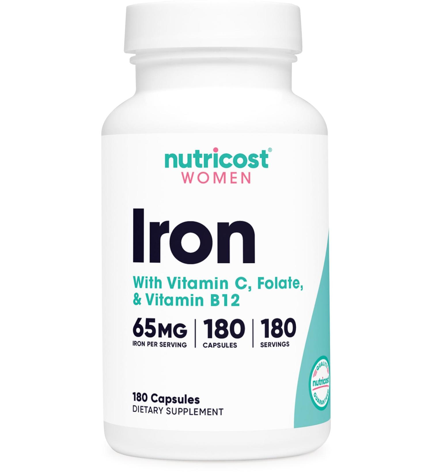 Nutricost Iron for Women 65mg 180 Capsules with Vitamin C Folate & Vitamin B12 - Vegetarian Friendly Non-GMO Gluten Free - Buy Online on GoSupps.com