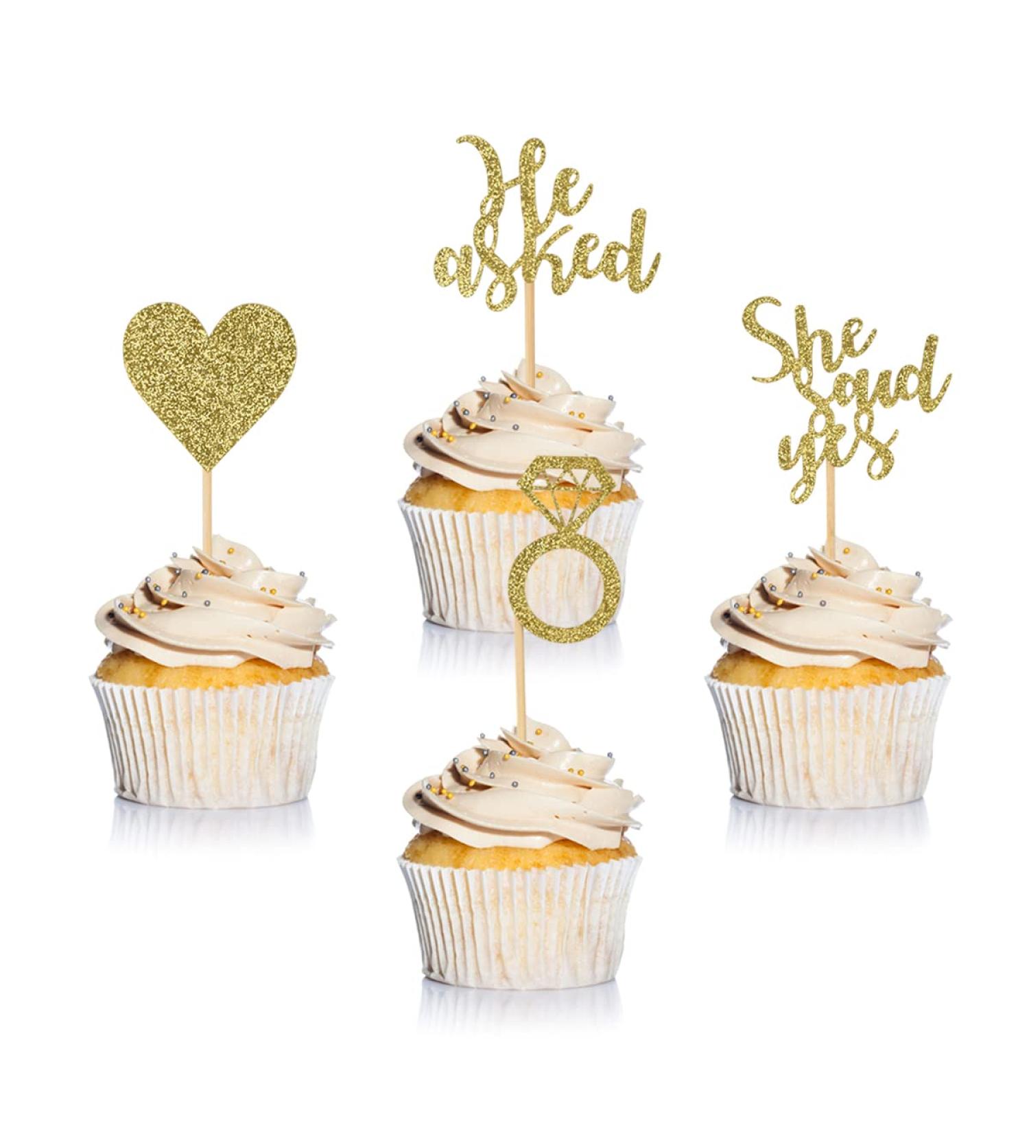 Donoter 24 Pieces Gold Glitter Engagement Cupcake Toppers He Asked She Said Yes Diamond Ring Heart Cupcake Picks for Wedding Bridal Shower Party Cake Decorations - Buy Online on GoSupps.com