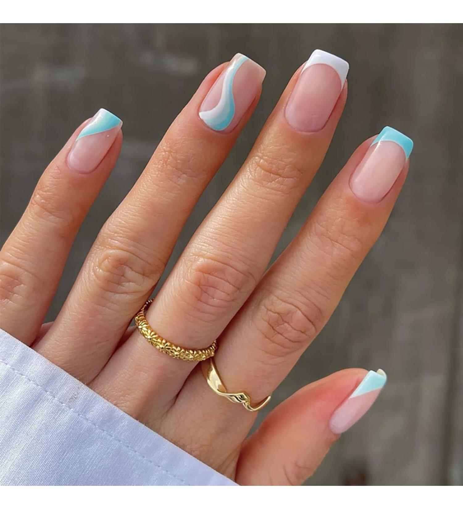 24 Pcs Press on Nails Short Length French Full Cover Nails with Lines Wave Design Reusable for Women and Girls Daily Decoration 03 - Buy Online on GoSupps.com