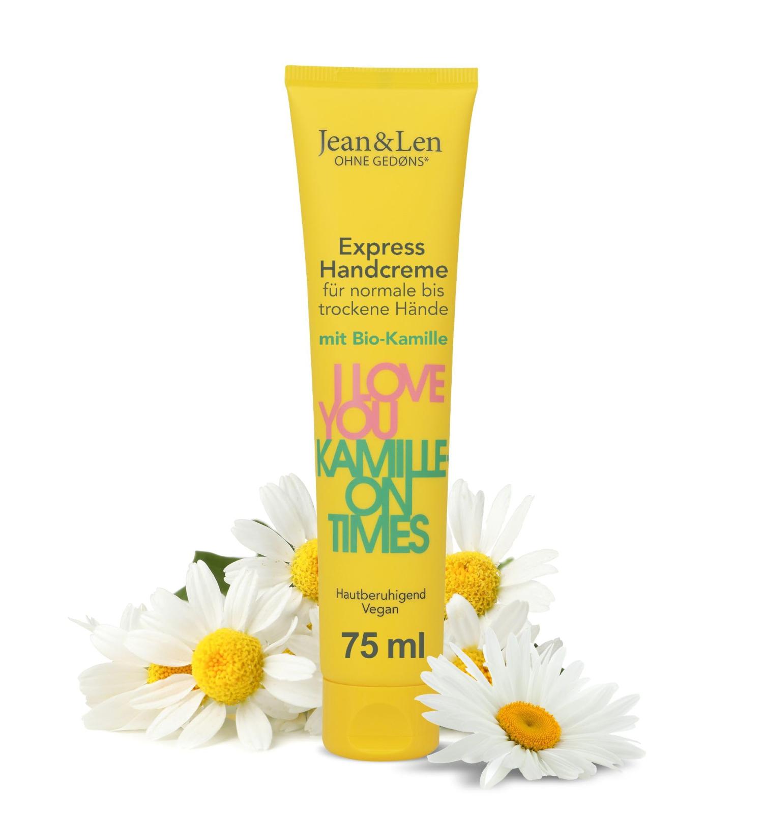  Jean & Len Jean & Len I Love You Kamilleon Times Hand Cream - For normal to dry hands - 24-hour hydration - Absorbs quickly - Vegan hand care - Paraben and silicone free - 75 ml - Buy Online on GoSupps.com