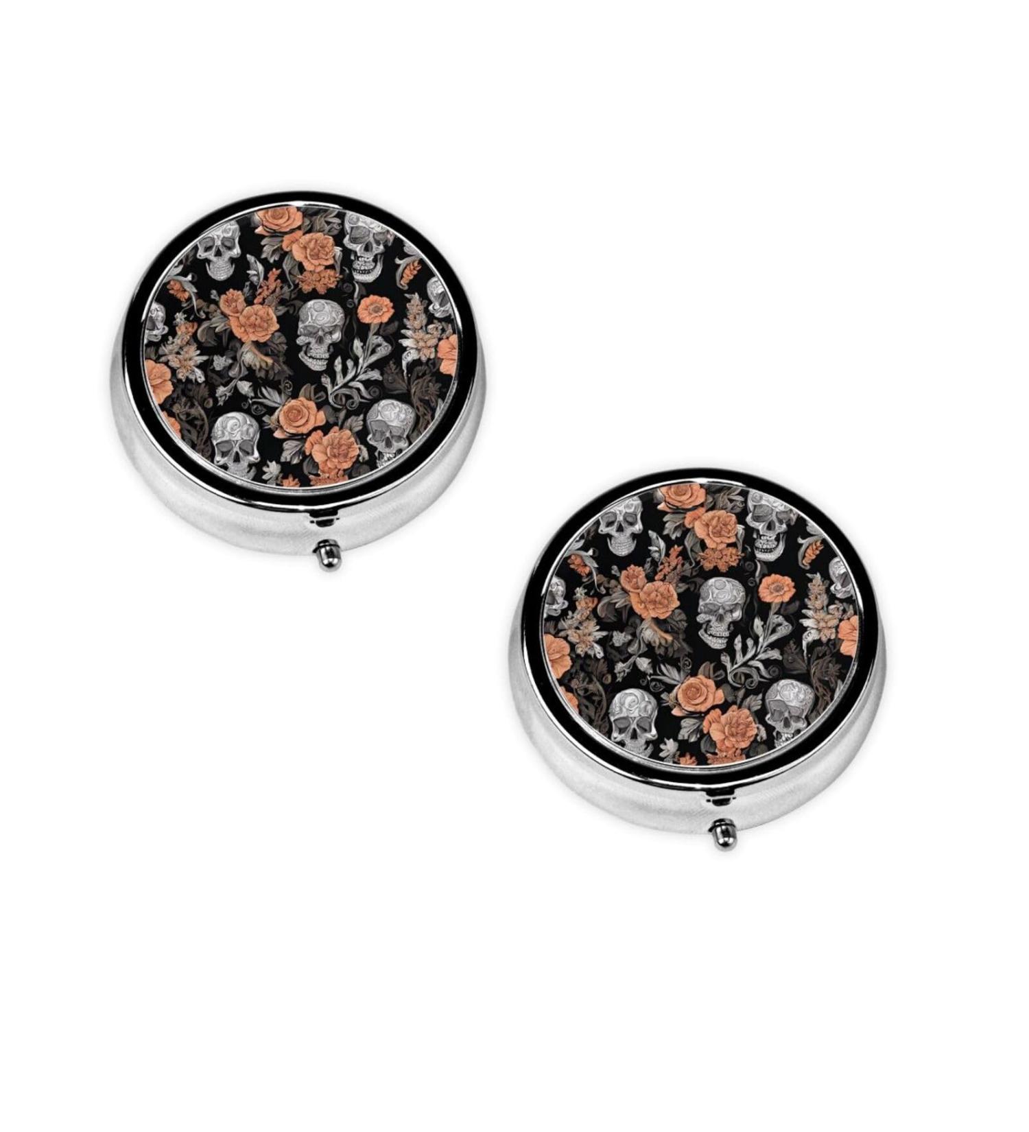 Colorful Sugar Skulls Mini Round Pill Box | 3 Compartment Travel Pill Organizer | Portable Medicine Case for Home & Office - Buy Online on GoSupps.com