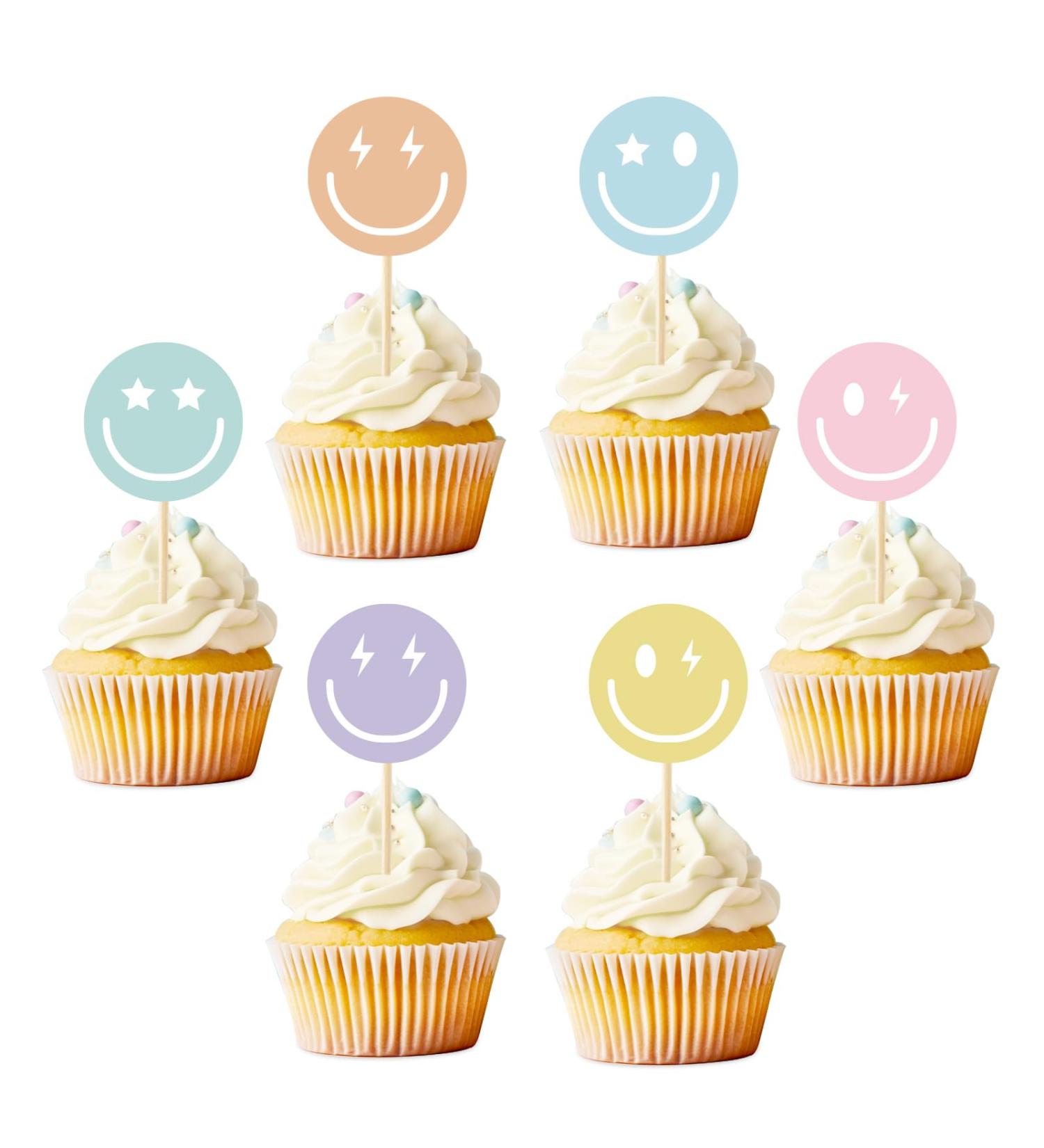 Whaline 36Pcs Preppy Smile Face Cupcake Toppers 6 Designs Paper Cake Decor Cute Cupcake Picks for Y2K Bachelorette Birthday Party Supplies Photo Booth Props - Buy Online on GoSupps.com