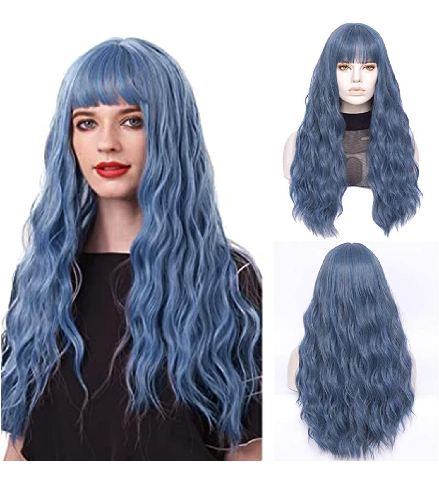 FVCENT 27 Long Blue Curly Synthetic Wig with Bangs for Women and Girls - Charming Styles for Every Occasion - Buy Online on GoSupps.com
