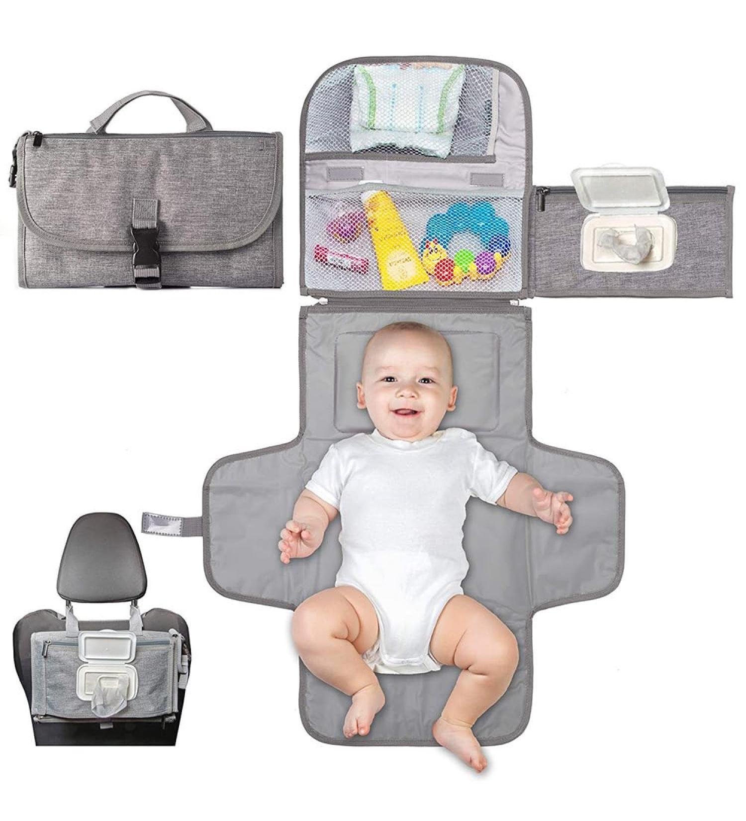 XL Diaper Changing Mat & Wrapping Pad - Foldable Washable Breathable with Removable Diaper Bag & Pillow - Ideal for Travel - Buy Online on GoSupps.com