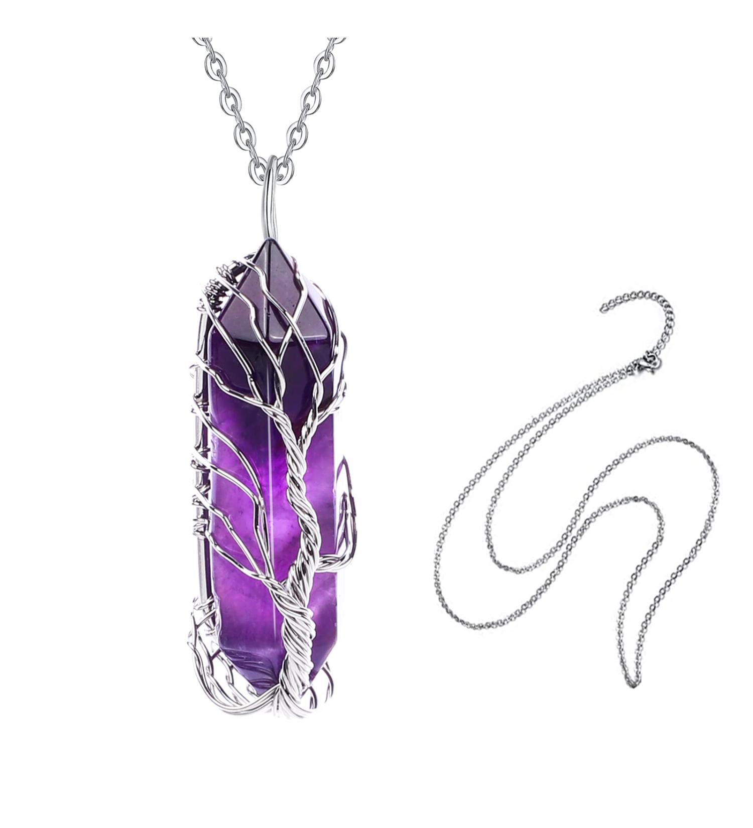 Runmeihe Amethyst Tree of Life Healing Crystal Necklace for Women - Silver Wrapped Quartz Gemstone Pendant Jewelry for Good Luck - Buy Online on GoSupps.com