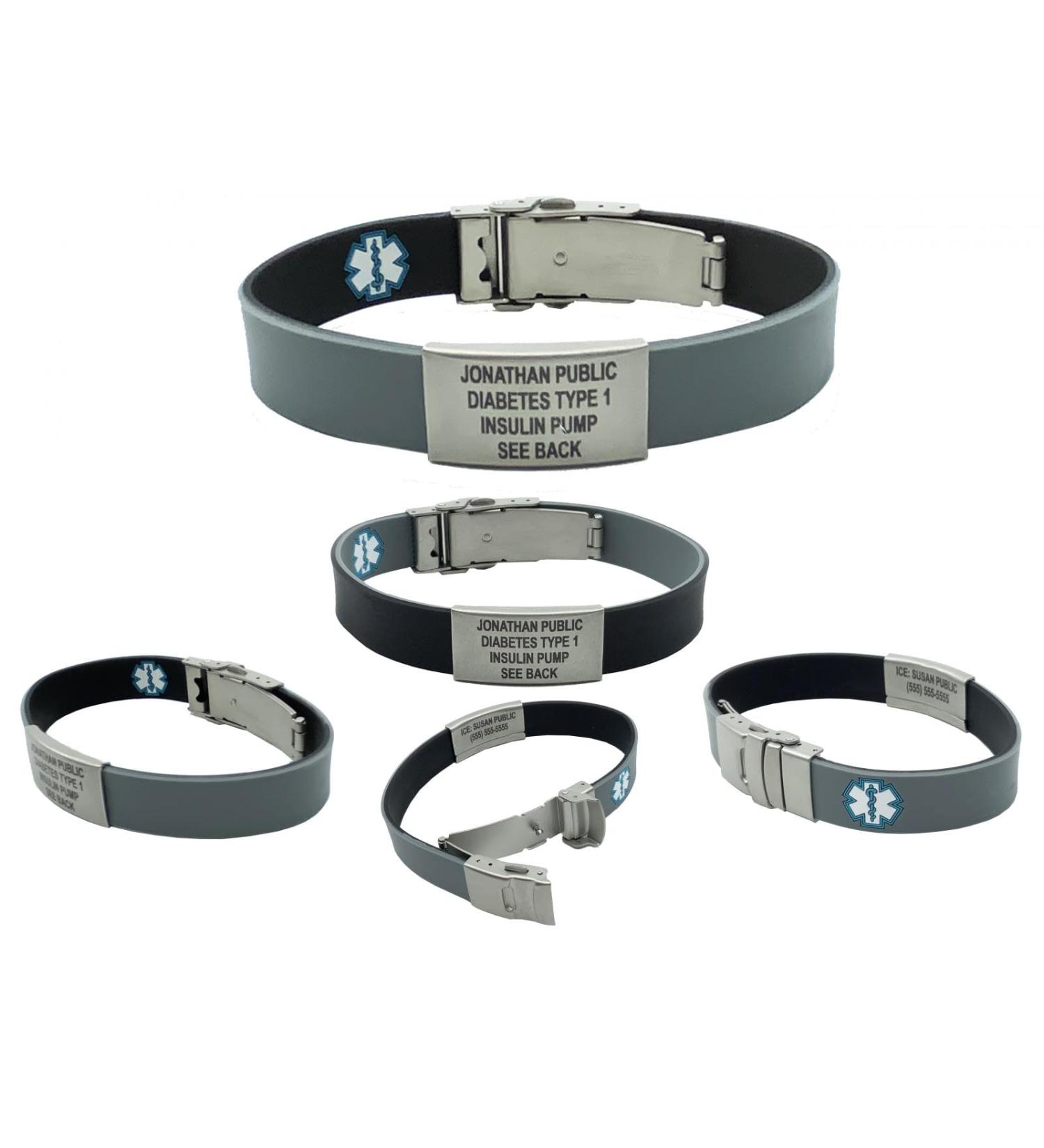 Personalized Waterproof Medical Bracelet - Black/Gray Reversible Sport ID Bracelet with Medication Cards & Complimentary PHR Access - Buy Online on GoSupps.com