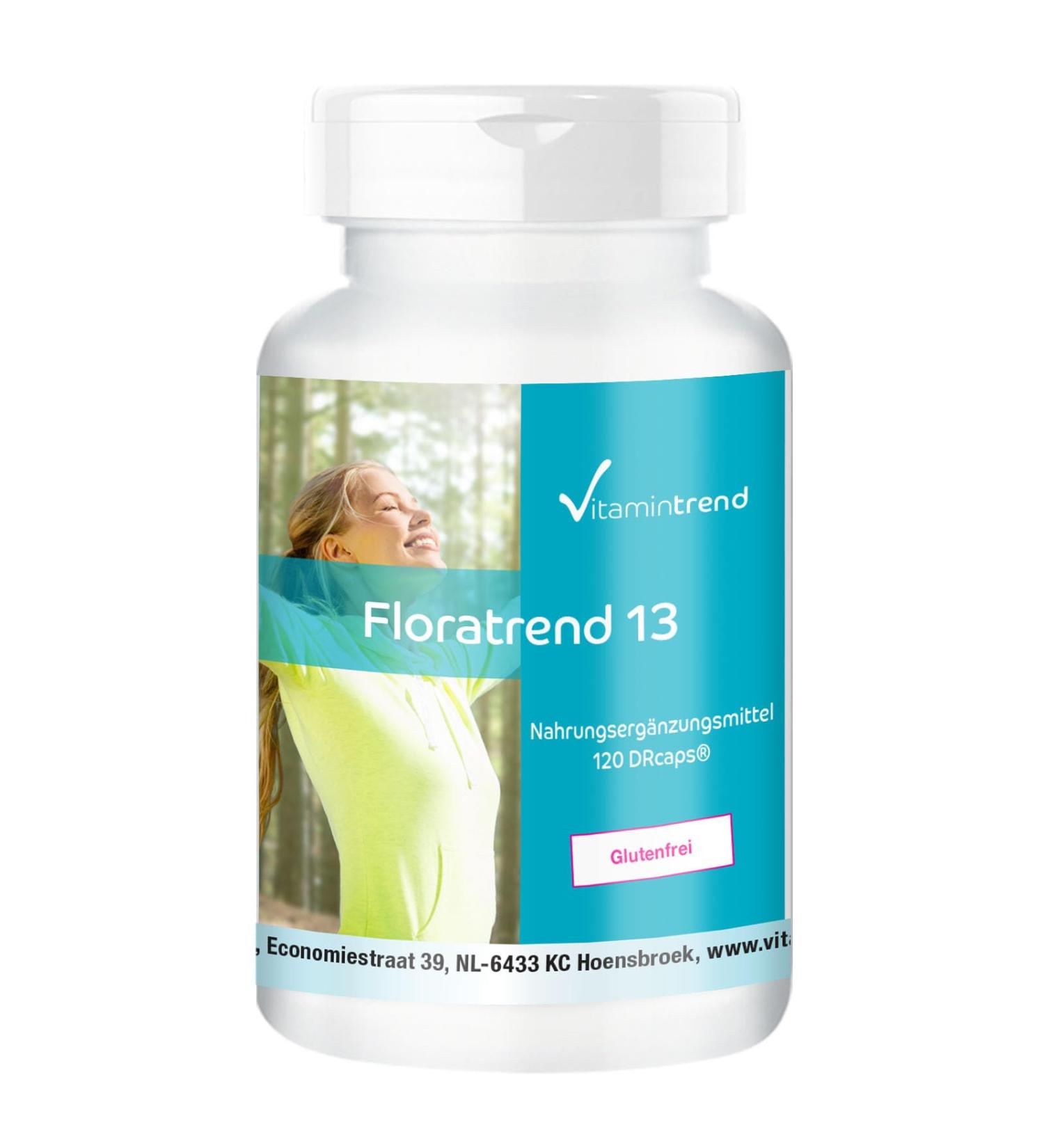 Floratrend Capsules - 41.5 Billion Cultures per Capsule | 13 Probiotic Strains + Inulin | 120 DRCaps | Vitamintrend - International Shipping Available - Buy Online on GoSupps.com