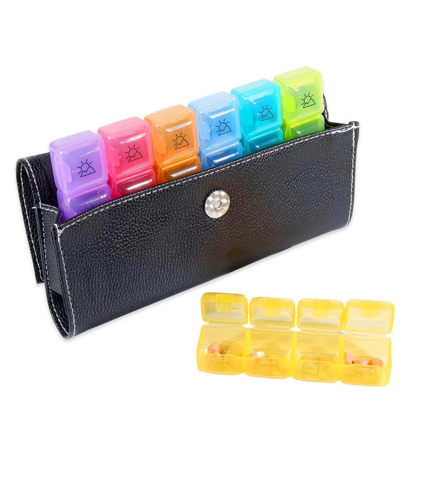 Weekly Pill Organizer Box - AM PM Travel Medication Reminder with Leather Carrying Case | 7 Compartments for Easy Daily Use - Buy Online on GoSupps.com